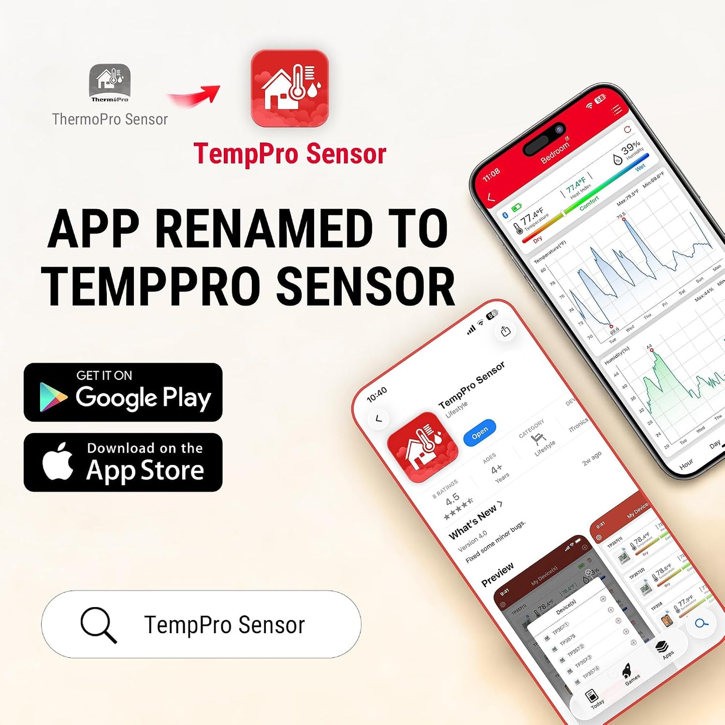 TempPro TempAir Bluetooth Thermometer Hygrometer, 260 ft Temperature Sensor | Greenhouse Thermometer with Remote App Control, Temperature and Humidity Monitor with 2-Year Data Logging Export