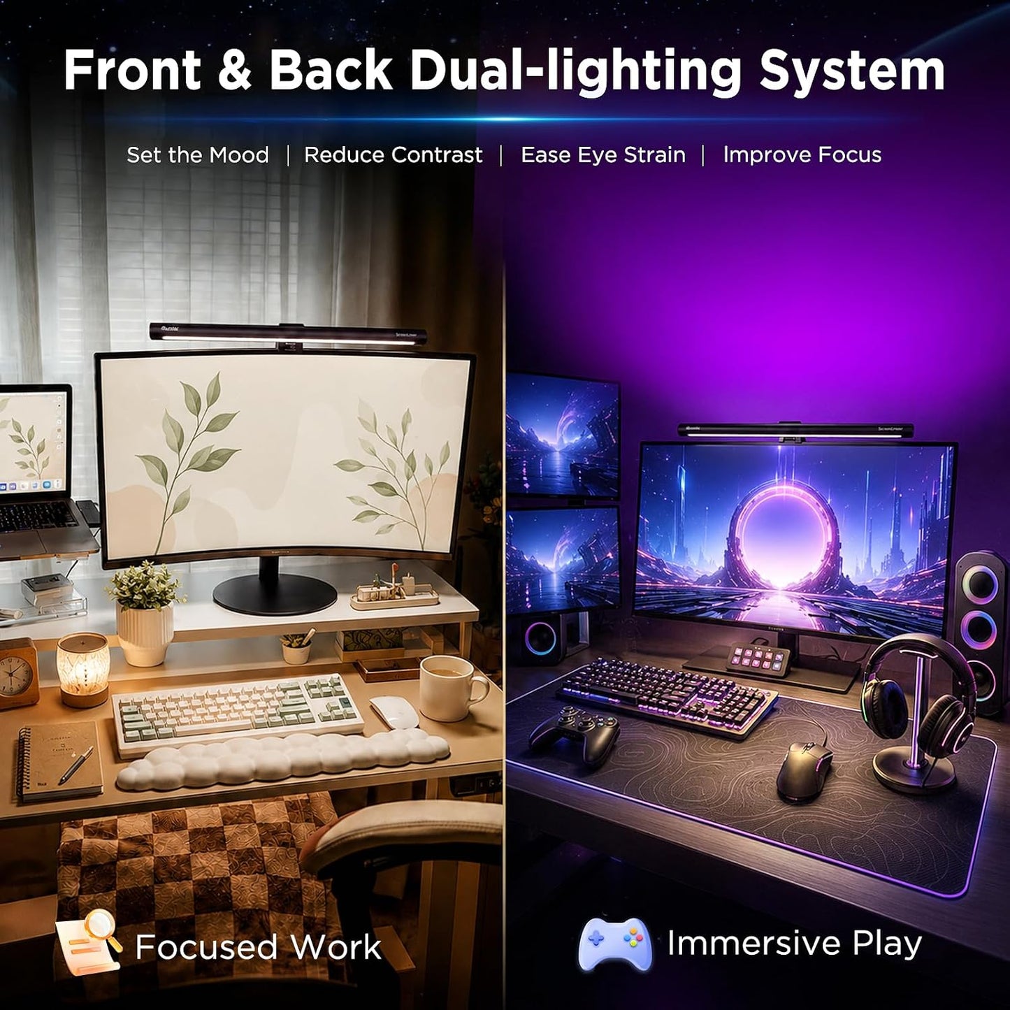 Quntis Monitor Light Bar 15.7", 24 RGB Backlight Modes for lmmersive Gaming Ambience, 900 Lux Glare-Free Computer Screen Lamp, High CRI 95 Eye Care Desk Light for Home Office