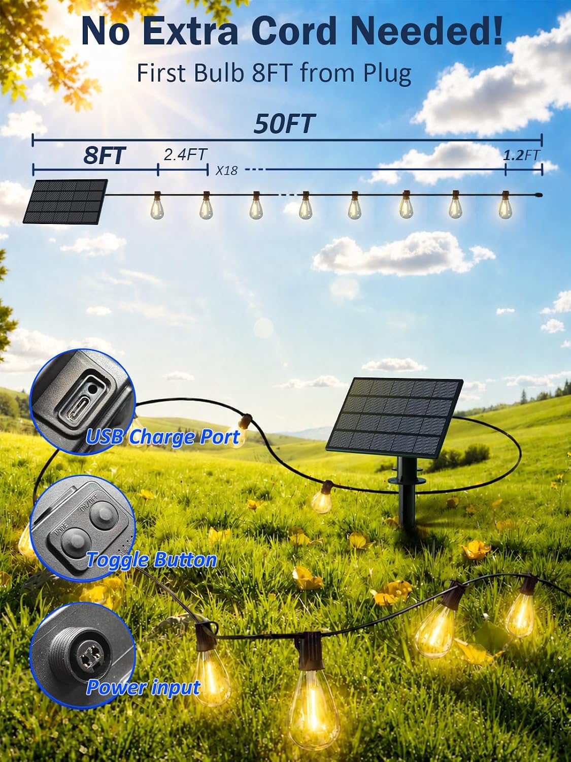 50FT Solar String Lights Outdoor, Dimmable Patio Lights Solar Powered with Remote & USB Port 18+1 LED Shatterproof Bulbs 3 Light Modes, Waterproof Solar Light for Camping Backyard Garden