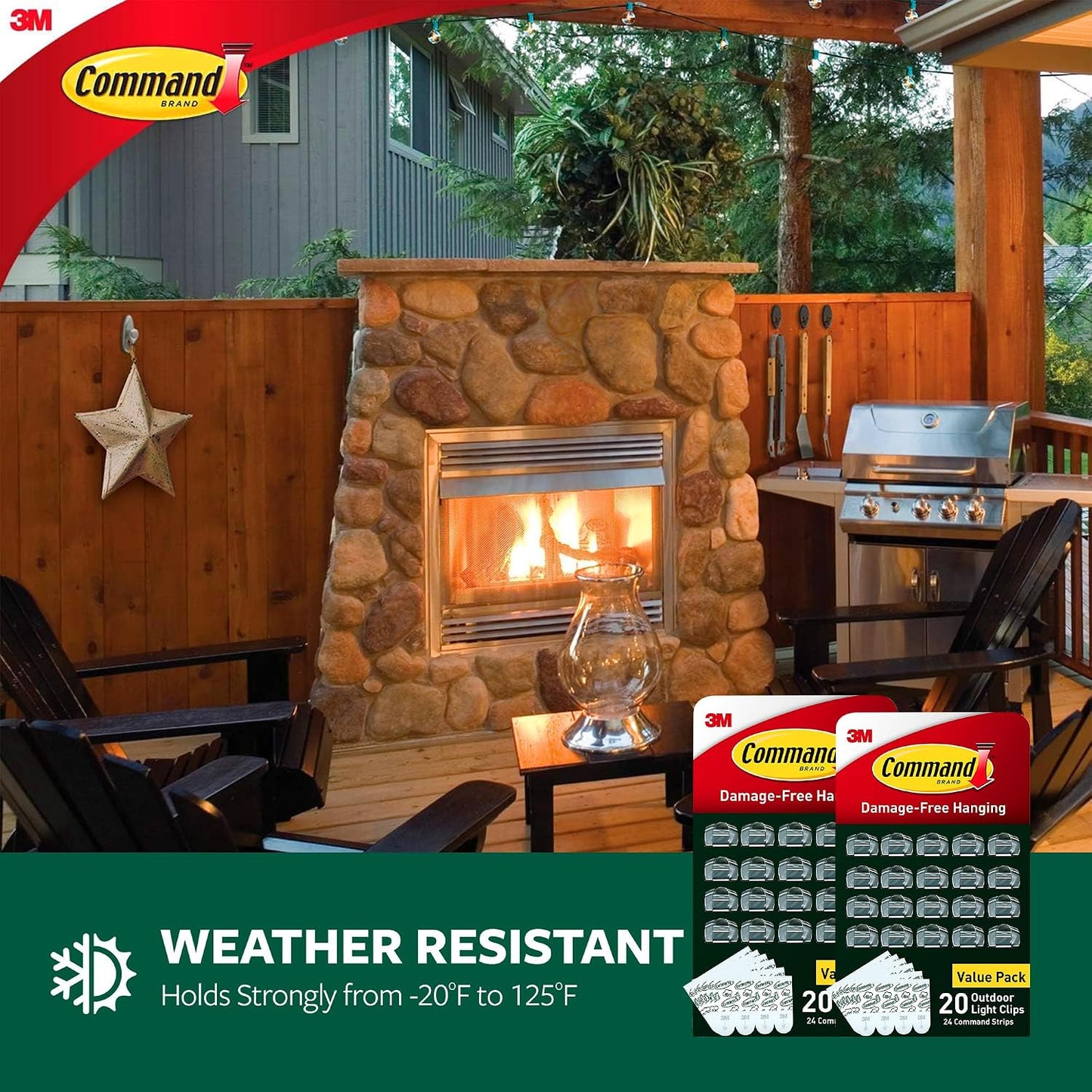 Command Outdoor Light Clips, 40 Clear and 48 Strips, Damage Free Hanging with Weather Resistant Strips, Wall Clips for Hanging Outdoor Lights and Cable Management