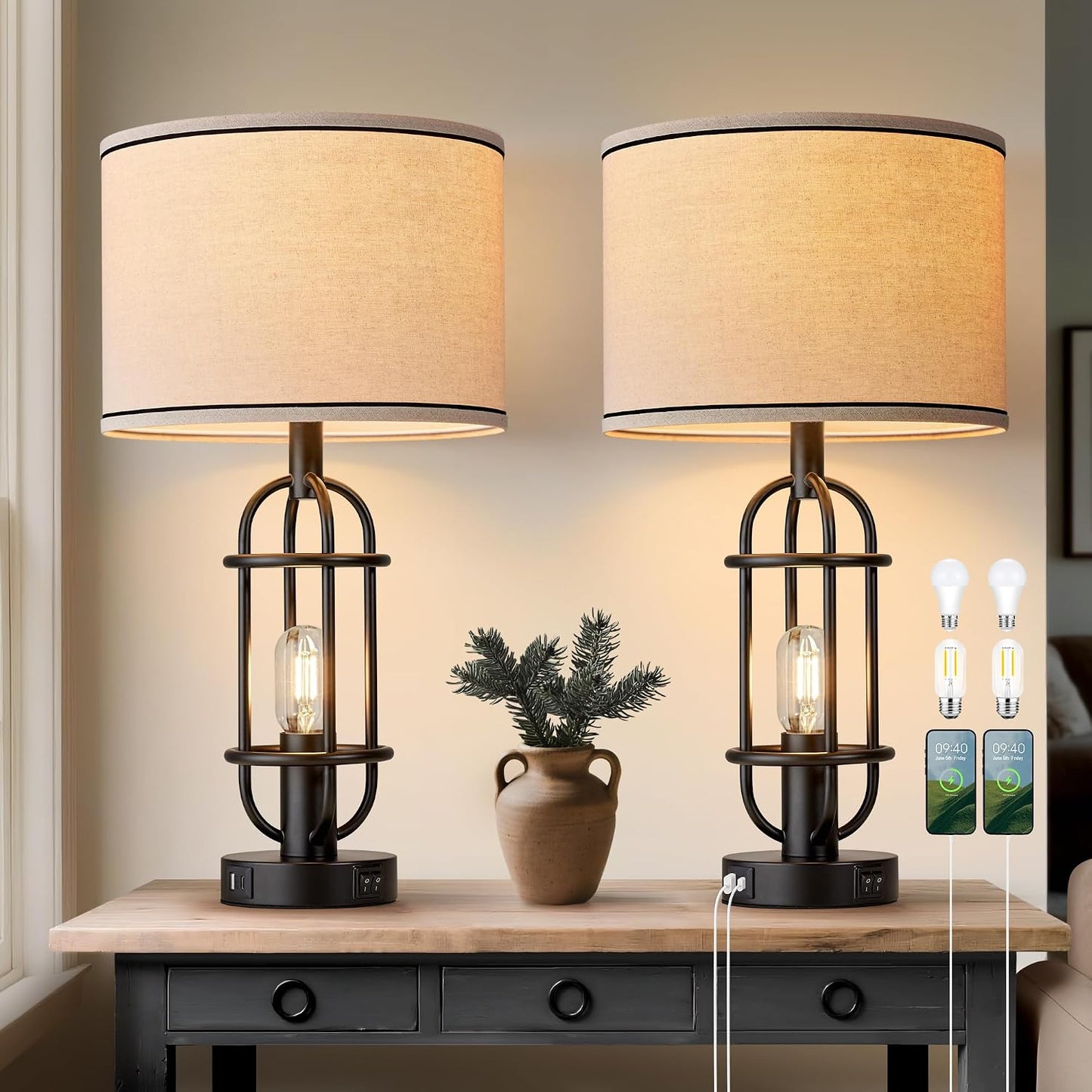 Reaketon Black Table Lamps for Living Room Set of 2, 22.3" Farmhouse Lamps for Nightstand, Industrial Table Lamps for Bedroom with USB Ports, Bulbs Included