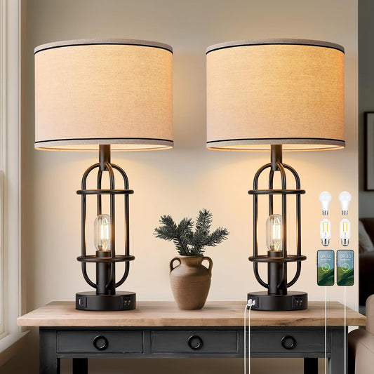 Reaketon Black Table Lamps for Living Room Set of 2, 22.3" Farmhouse Lamps for Nightstand, Industrial Table Lamps for Bedroom with USB Ports, Bulbs Included