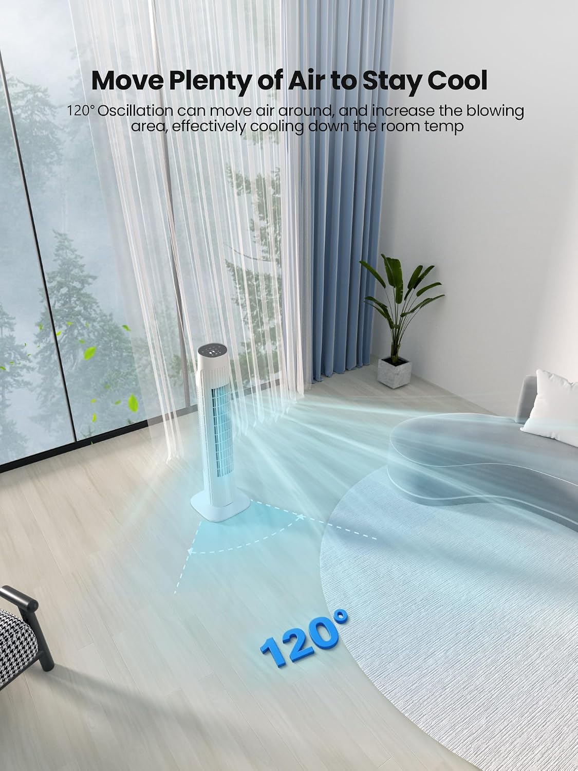 Uthfy Tower Fan with Remote, Portable 120° Oscillating Standing Fan, 3 Speeds & 3 Modes, 7.5H Timer, Fans That Blow Cold Air for Bedroom, Living Room, Office, White