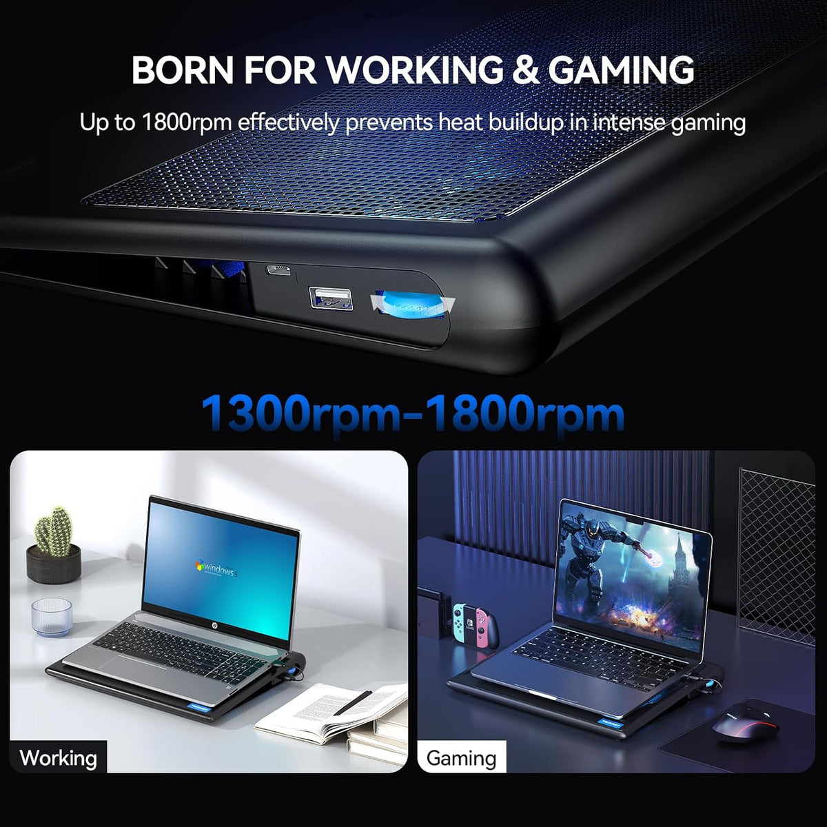 TECKNET Laptop Cooling Pad - 12"-15.6" Laptop Cooler with Quiet Cooling Fan | USB-A & USB-C Powered Cooling Stand with Adjustable Wind Speeds for Gaming, Work & Everyday Computing, Blue LED