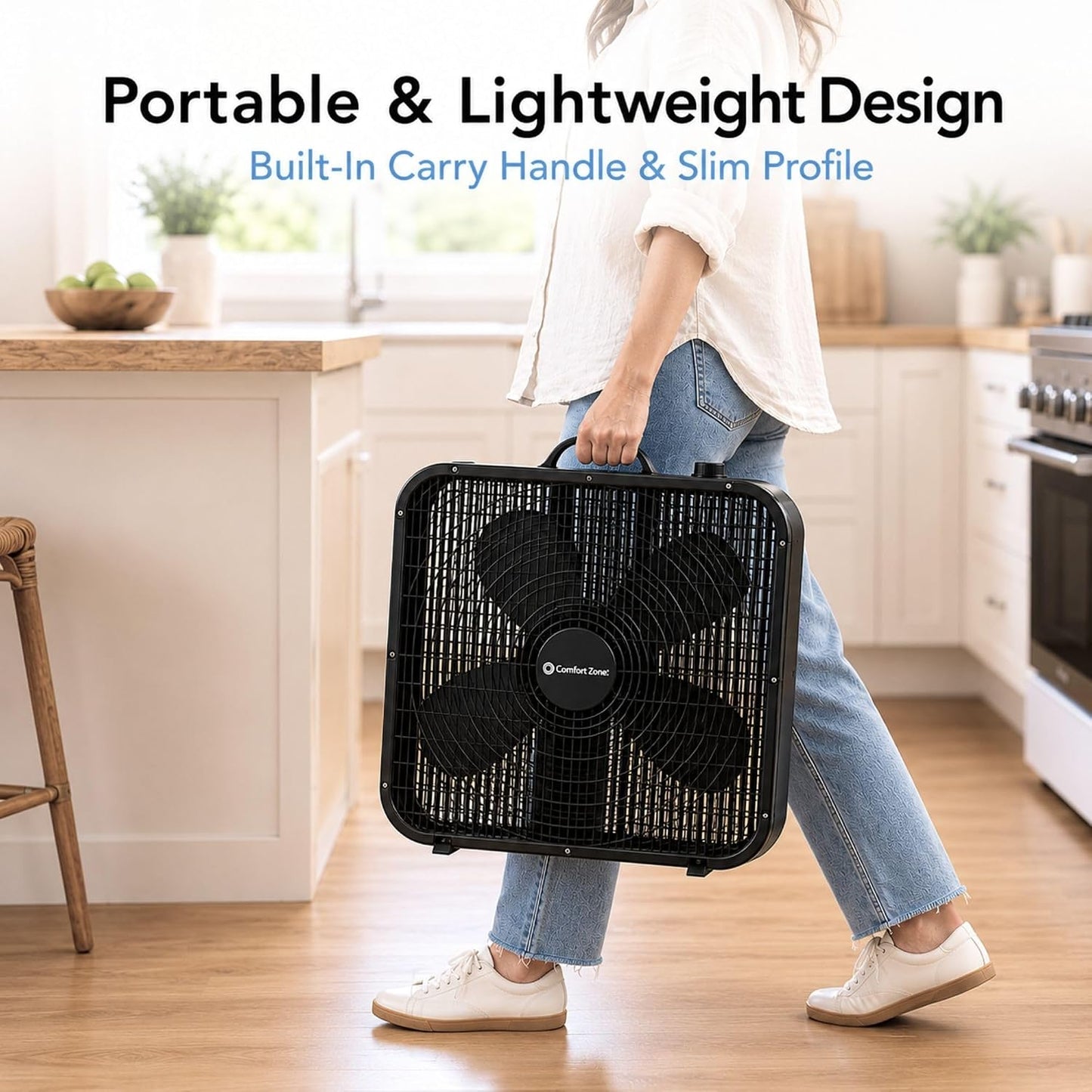 Comfort Zone Box Fan with Carry Handle, 20 inch, 3 Speed Full-Force Air Circulation with Air Conditioner, Floor Fan, Bedroom Fan, Airflow 15.03 ft/sec, Ideal for Home, Bedroom & Office, CZ200ABK