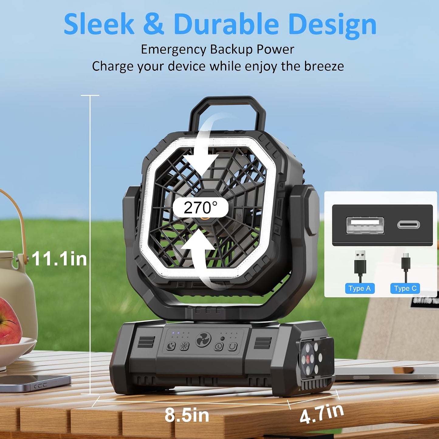 Honesorn 20000mAh Camping Fan Rechargeable with LED & Light Remote, Black | Up to 60H Runtime, 45°/90°Oscillating, Hanging Hook, 4 Speeds, 8H Timer, USB-C Charging, for Camping, Tent, Travel, Outdoor