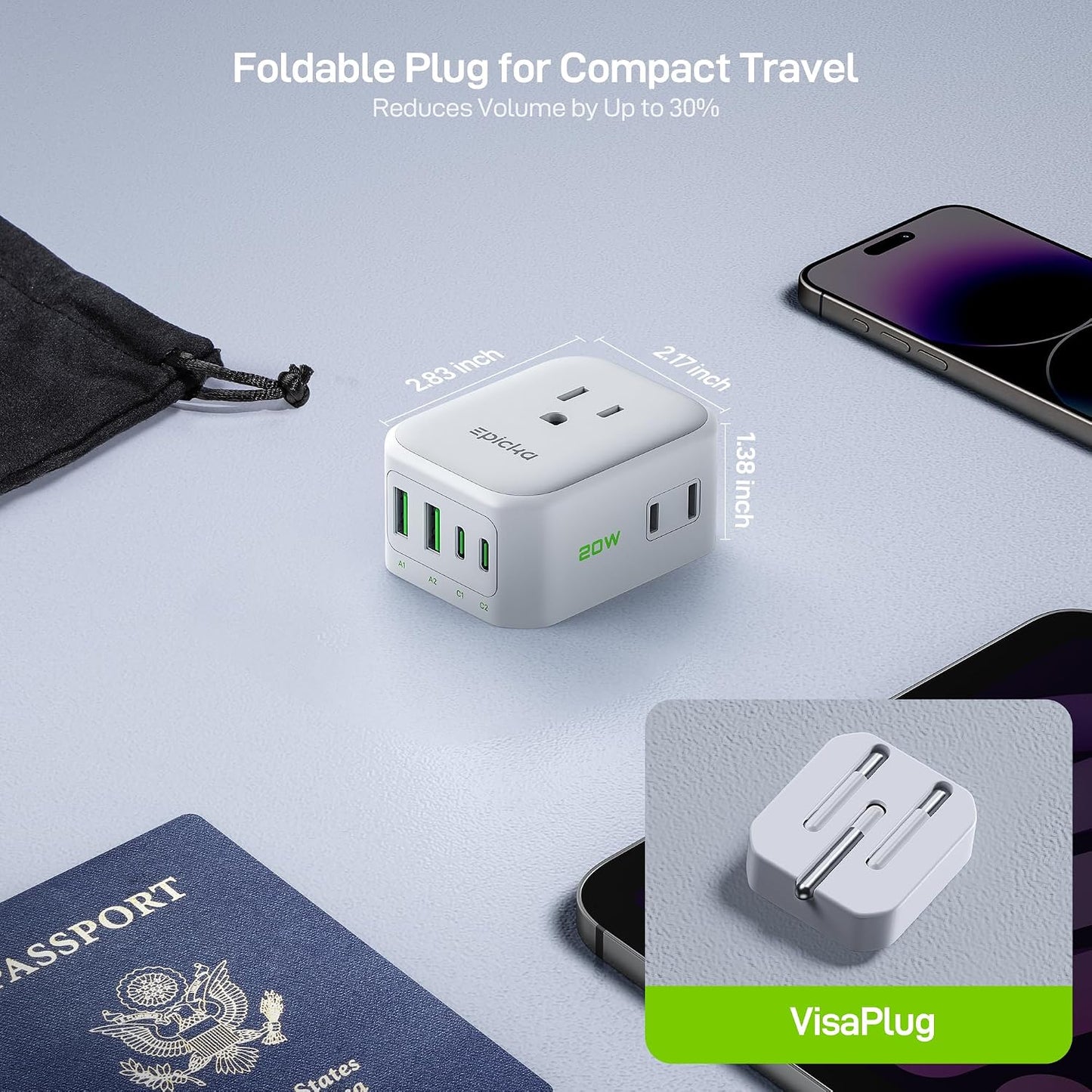 EPICKA Thailand Travel Plug Adapter, Foldable & Detachable Type O (Thailand) VisaPlug, 8-in-1 International Power Adapter with 4 USB Ports (2 USB-C PD 20W), Cruise Approved, US to Thailand, White