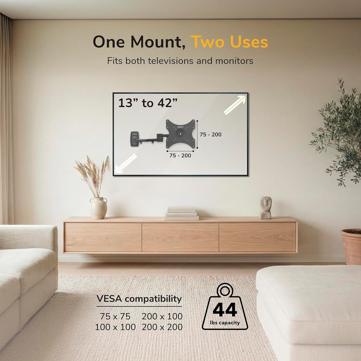 Mount-It! Full Motion TV Wall Mount Bracket for 13-42” Screens – 18" Articulating Arm, Quick Release Plate, Tilt Swivel Rotate, Anti-Theft Lock, Single Stud Install, Supports 44 lbs, VESA 75–200