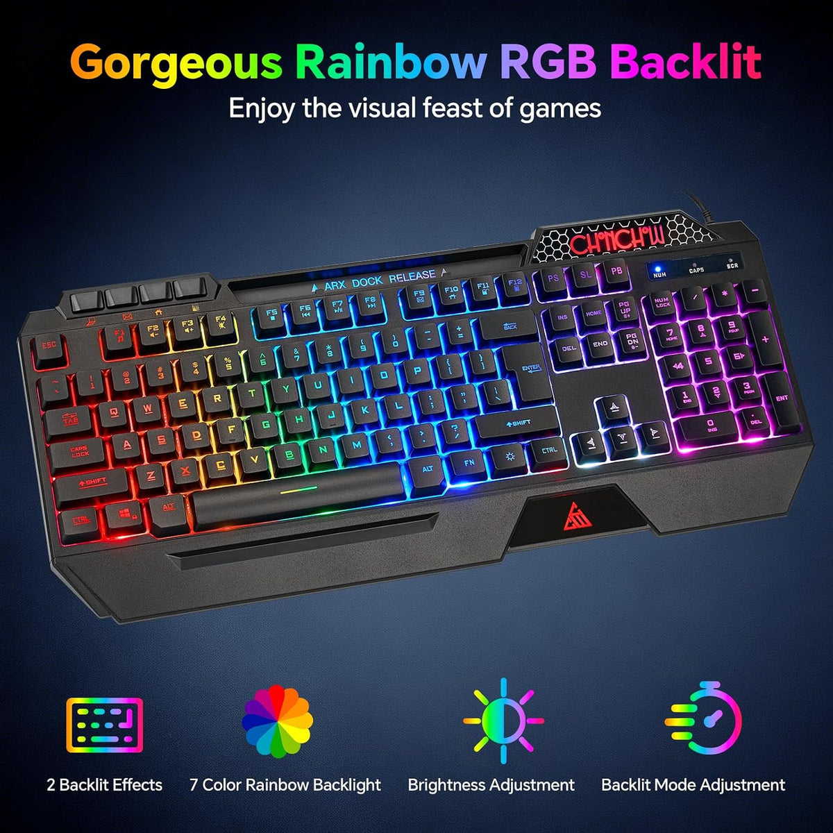 CHONCHOW Gaming Keyboard and Mouse Combo, Wired RGB Set for PC PS4 PS5 Xbox | Phone Holder, Ergo Wrist Rest, Full Size, Anti-Ghosting, USB Silent Light Up Keyboard, 7D 7200DPI Gaming Mouse, Mouse Pad