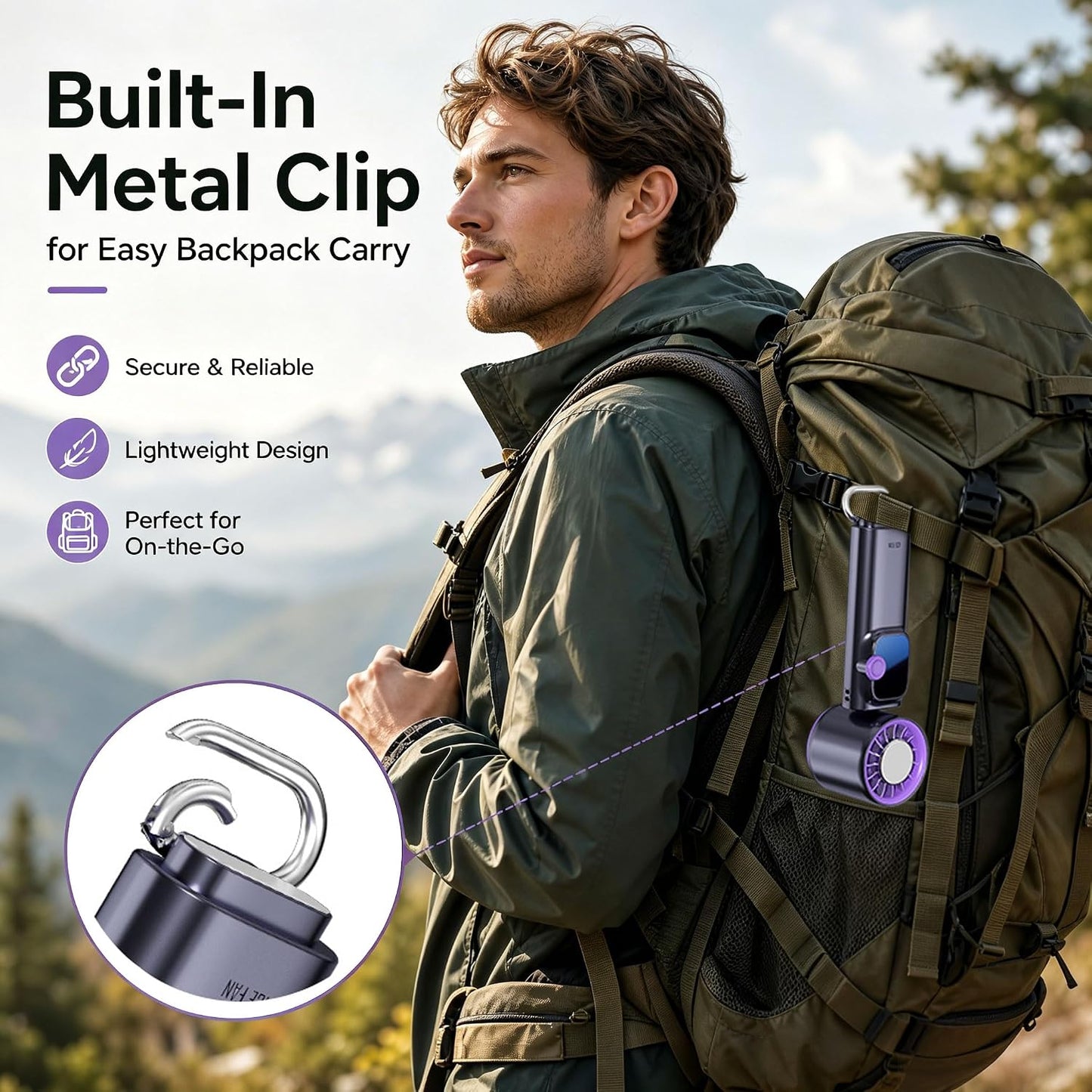 Portable Handheld Fan with Ice Cooling Personal Rechargeable Mini Neck Fan | 199-Speed 20000RPM 4000mAh Battery Powered up to 15hrs, LED Display Foldable & Hangable for Travel, Camping & Outdoor, Purple