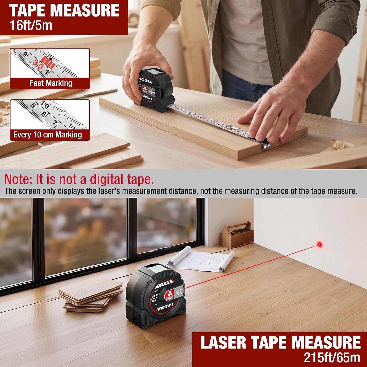 Arrow 2-in-1 Laser Tape Measure, 215Ft/65m Laser Distance Measuring Tool | 16Ft Magnetic Tape, Area Volume Calculation, Continuous Measurement, Bubble Level, Home Improvement Tool-NOT Digital