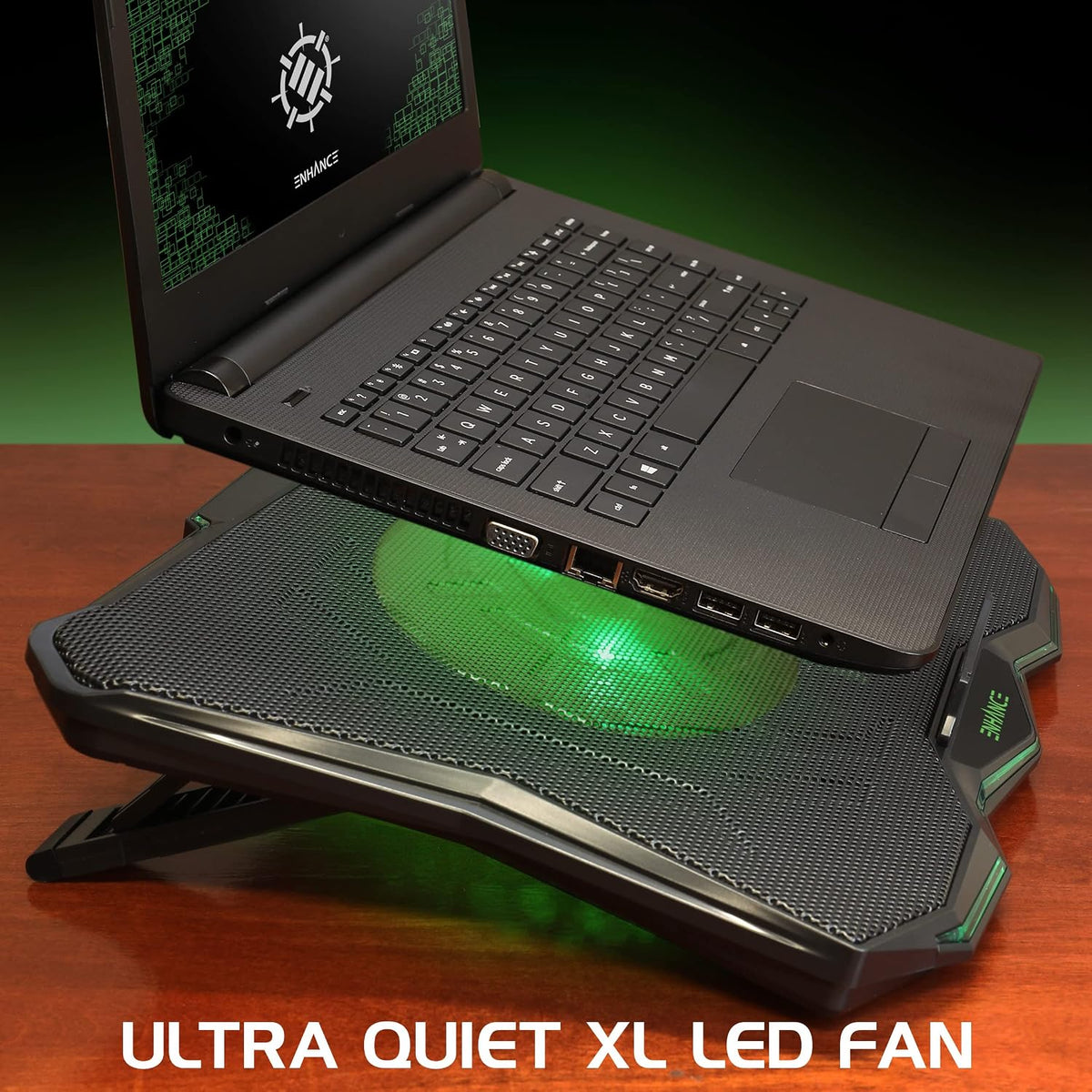 ENHANCE Cryogen 5 Gaming Laptop Cooling Pad Stand - Laptop Cooler with 7 Adjustable Height Settings & Dual USB Ports up to 17 inches - 1 Ultra Quiet High Performance LED Fan 800 RPM - Green