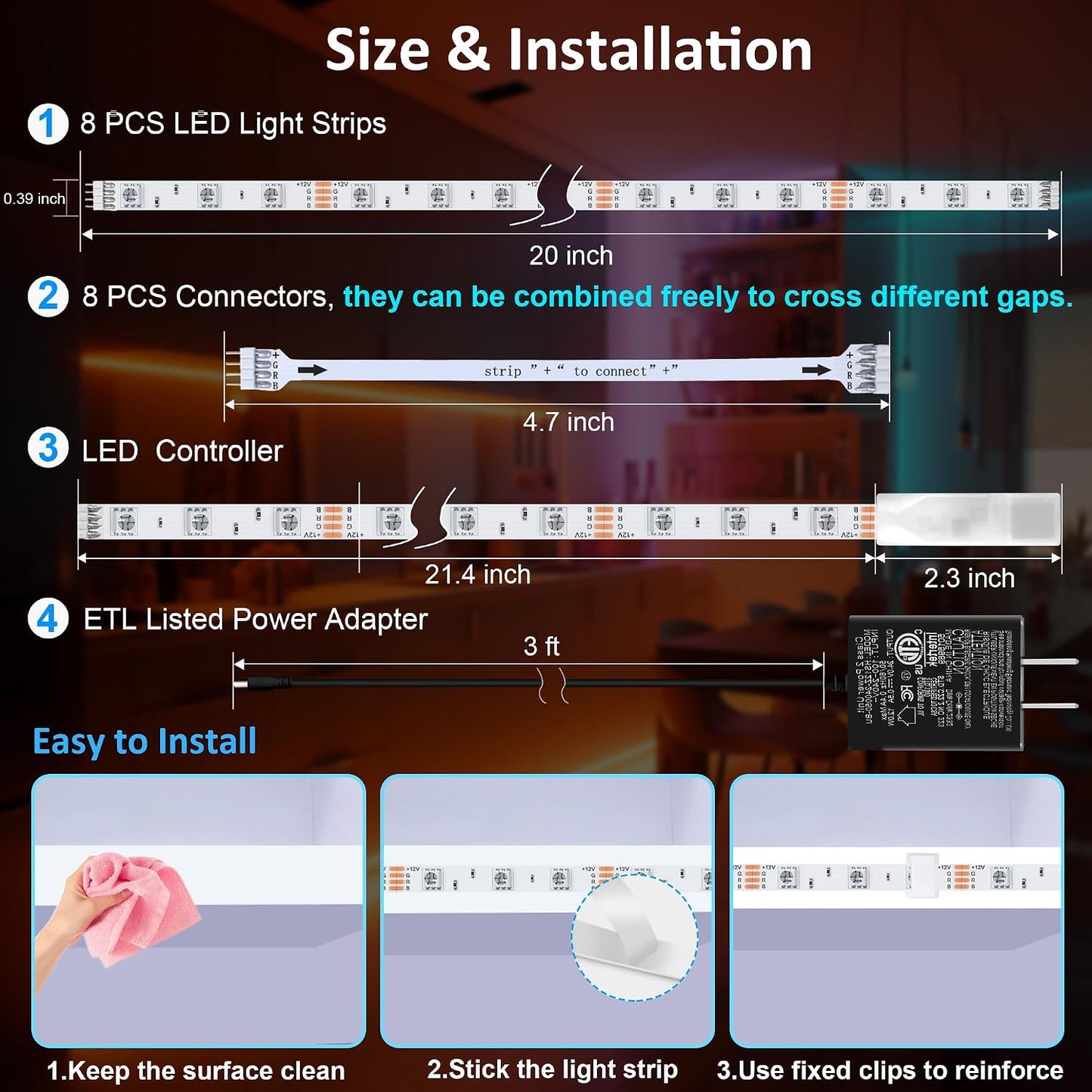 LAFULIT 8 Pack RGB Under Cabinet Lights with App and Remote Control | Music-Sync Color-Changing Plug-In LED Strip Lights for Cabinets, Counters, Shelves and Bookcases, 13 ft