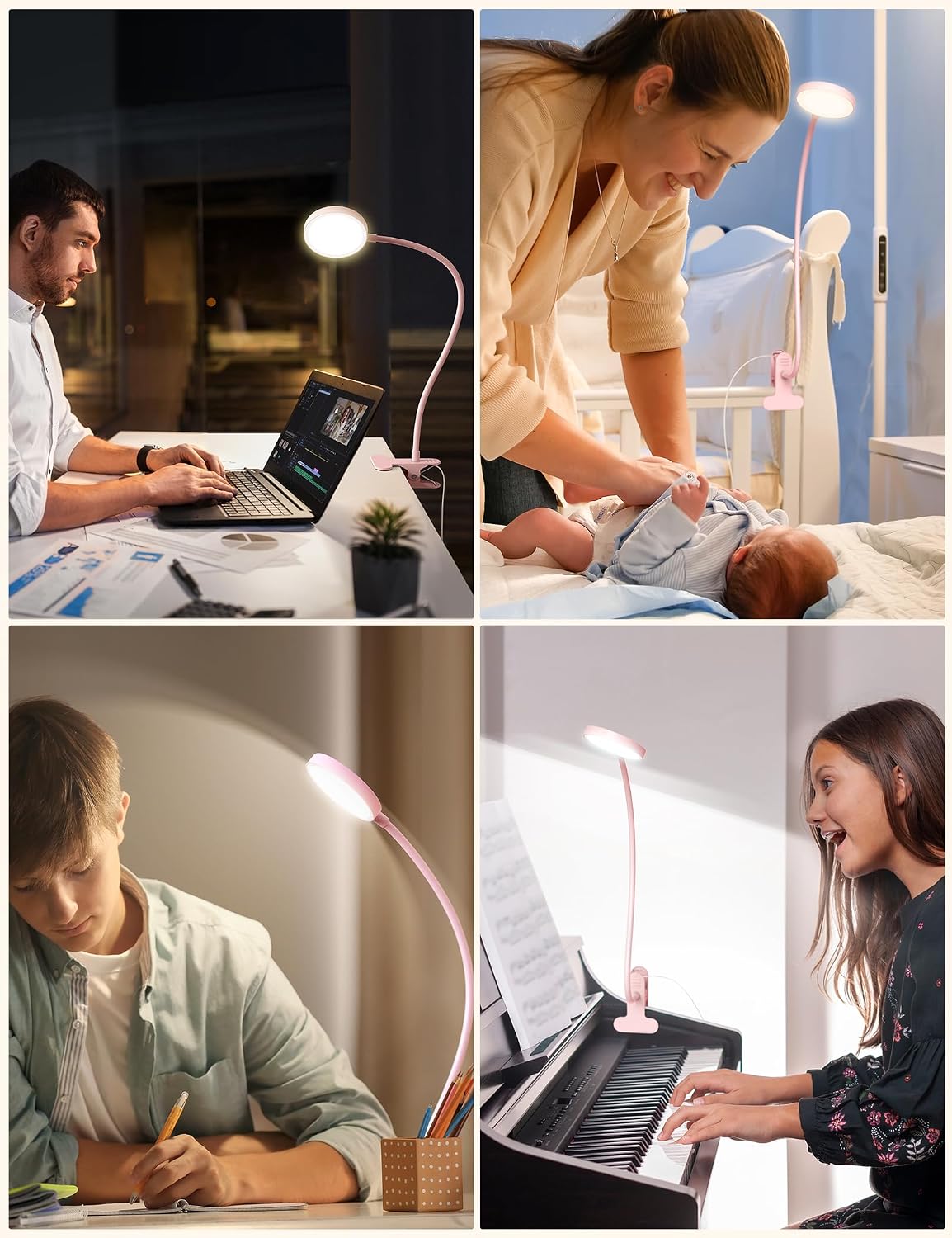 LiFMIRA Desk Lamp Clip on Light 8W 66 LED Reading Light for Bed Pink