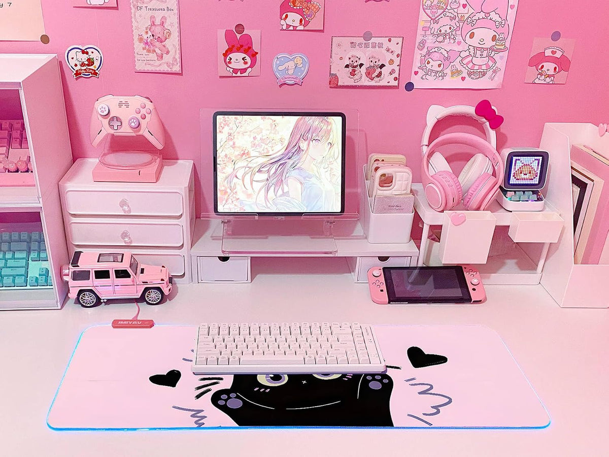 JMIYAV Pink RGB Gaming Mouse Pad 31.5x12 Inch PC XL Large Extended Glowing Led Light Up Desk Pad Non-Slip Rubber Base Computer Cute Mousepad Mat Desk Accessories Gaming Setup Love Shock