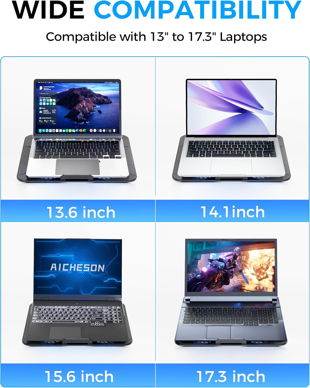 AICHESON Laptop Cooling Pad with 6 High-Speed Fans for 14-17.3 Inch Laptops | Laptop Fan with 7 Adjustable Angles, Blue Lights with Fans, 2 USB Ports for Work Home Office Use