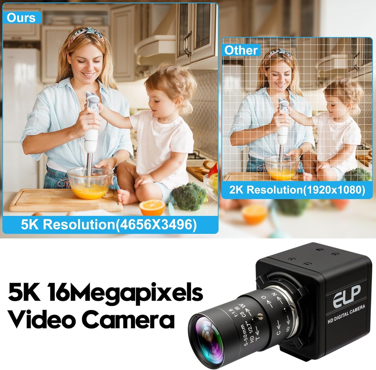 USB Camera 16 Megapixes High Resolution 5K USB Webcam with CS Mount 5-50mm Manual Varifocus Lens Close UP OpenCV Camera Free Driver Plug and Play for Windows Linux Laptop Jetson Nano