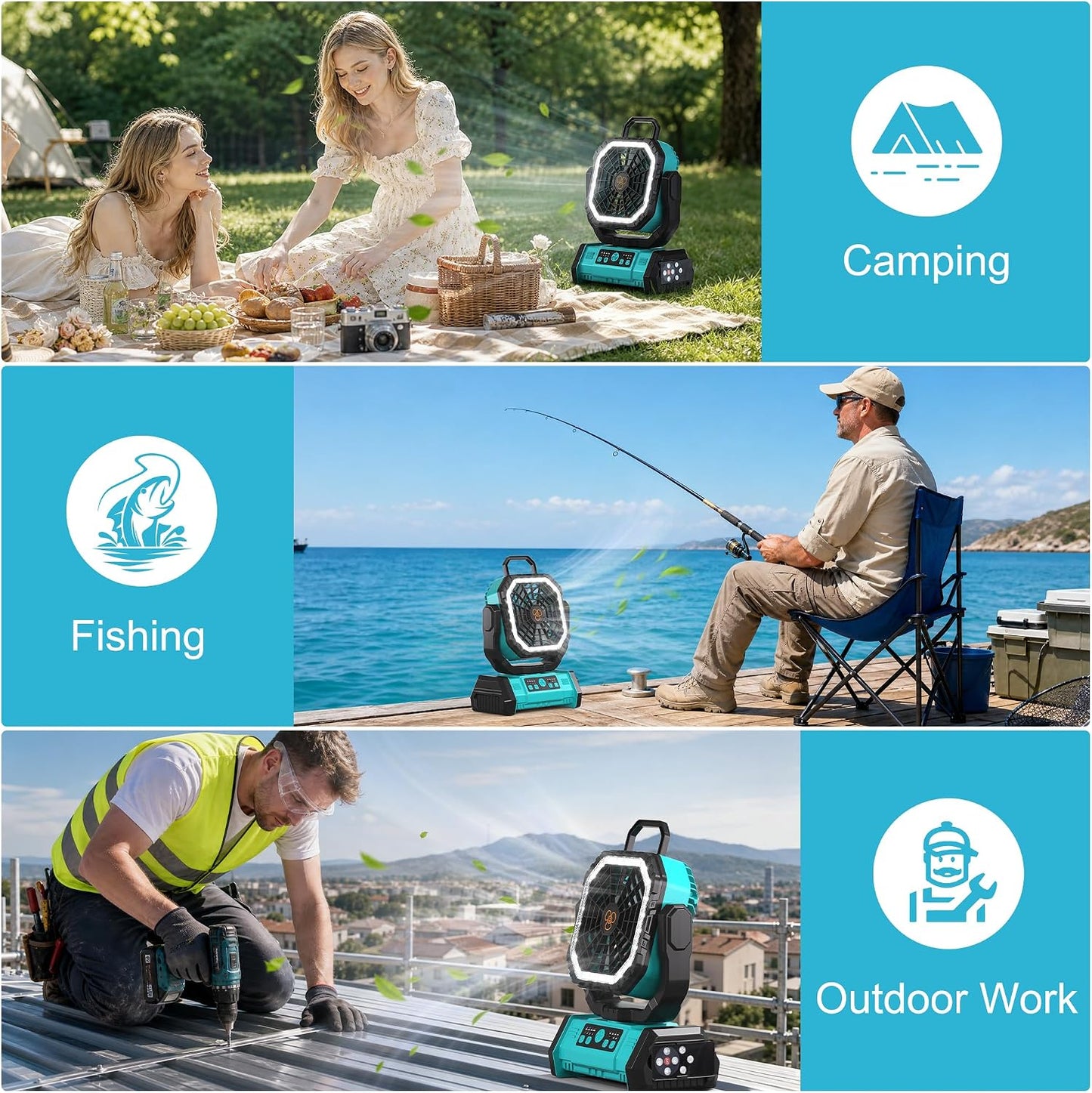 Honesorn 20000mAh Fan Portable Rechargeable with LED Light & Remote, Blue | Up to 60H Runtime, 45°/90°Oscillating, Hanging Hook, 4 Speeds, 8H Timer, USB-C Charging, for Camping, Tent, Travel, Outdoor