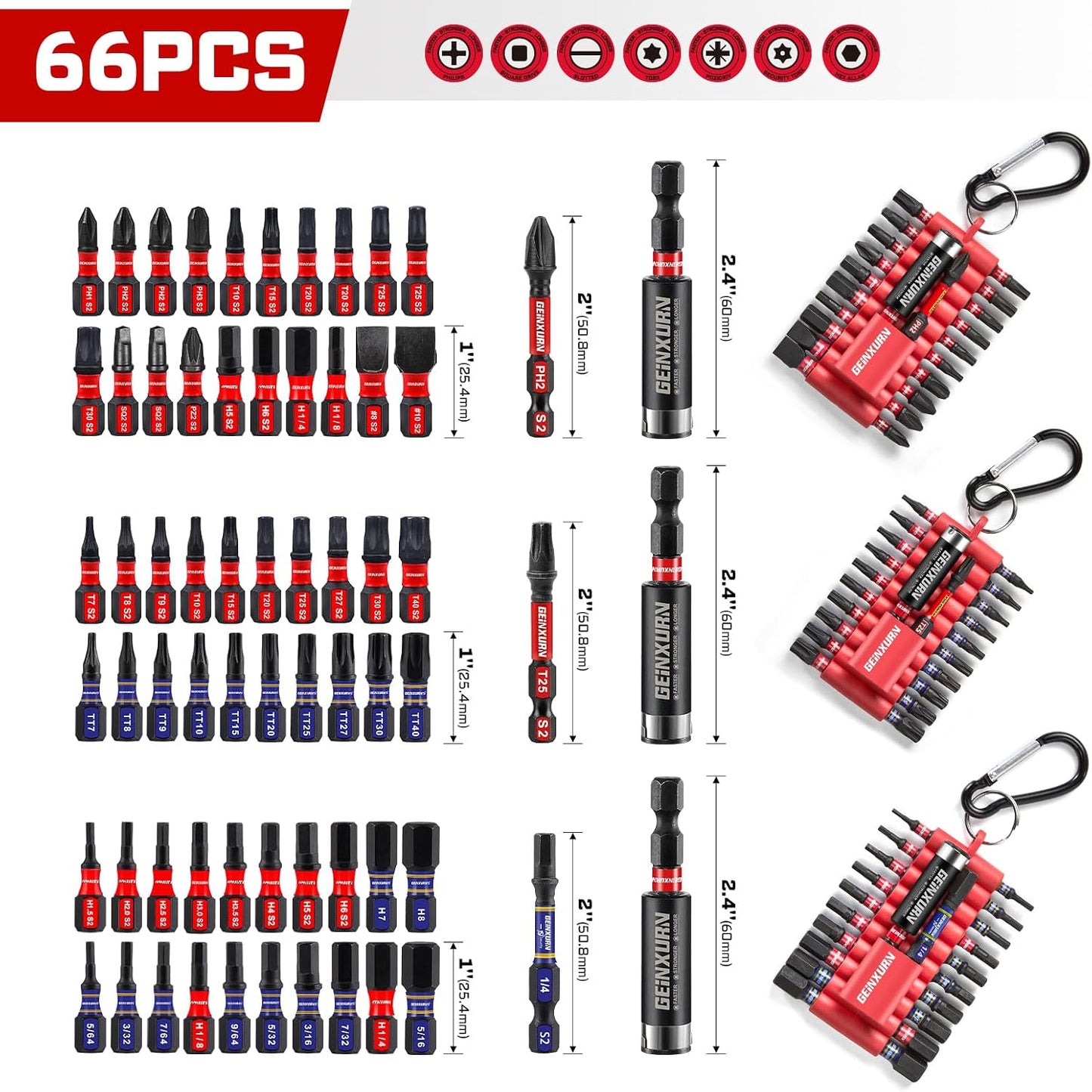 (PH/TORX/HEX/PZ/SQ/SL) Screwdriver Bits Set, 66 Pieces Impact 1”/ 2”Magnetic S2 Steel Multi Power Insert Driver Bits and 3Pc Bit Holder with Organizer Sleeve
