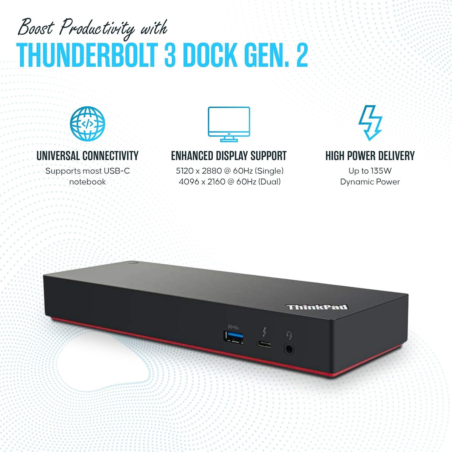 Lenovo 40AN0135US Thunderbolt 3 Dock Gen 2 - Thinkpad Docking Station | Thunderbolt 3/USB-C Ports, Dual 4K 2×HDMI & 2×DP, 135W Power Delivery, 4×USB 3.1 Gen2, RJ45 Ethernet, Audio, Security Lock