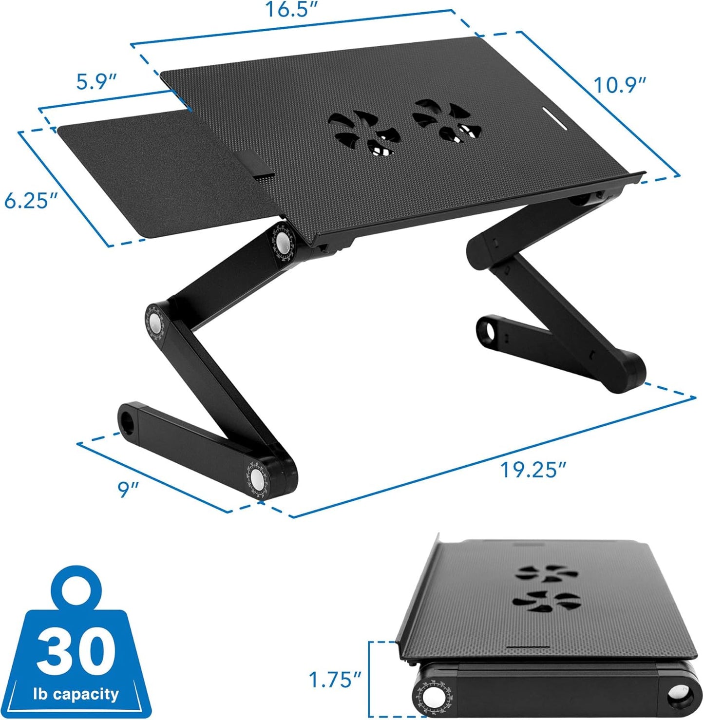 Mount-It! Adjustable Laptop Stand & Lap Desk with USB Cooling Fans, Large Aluminum Laptop Tray with Mouse Pad, Portable Sit-Stand Laptop Desk for Bed, Couch & Table
