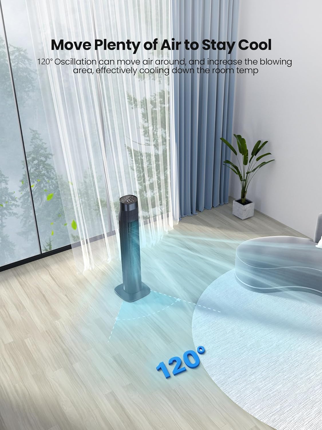 Uthfy Tower Fan with Remote, Portable 120° Oscillating Standing Fan, 3 Speeds & 3 Modes, 7.5H Timer, Fans That Blow Cold Air for Bedroom, Living Room, Office, Black