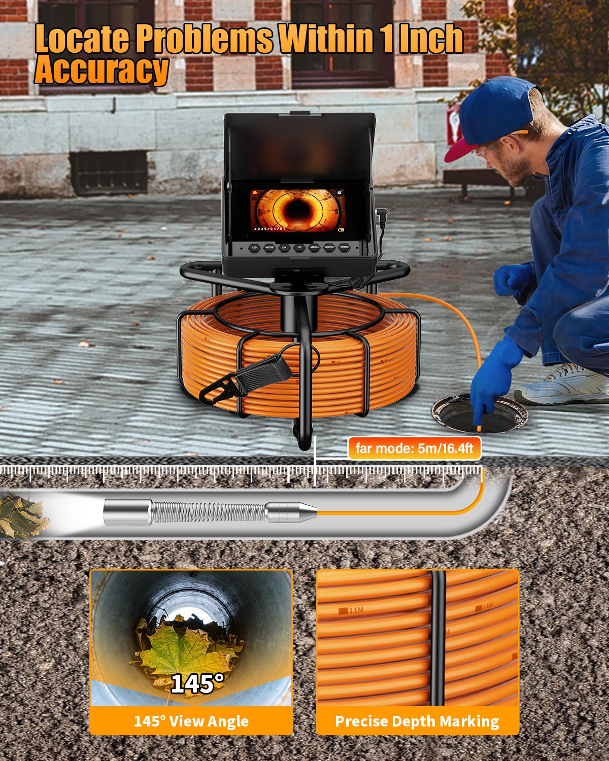 Sewer Camera 100ft, Drain Camera 4.3" with 23mm 1080P Probe, 8500mAh, 32GB Audio & Video Record, IP68 Waterproof for Plumbers, Drain Pipe & Industrial Inspection, Endoscope Camera with Light(12 LEDs)