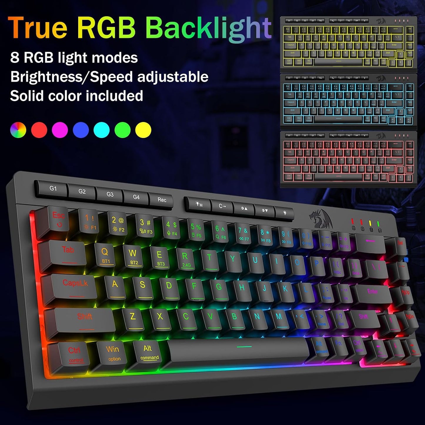Redragon Wireless Gaming Keyboard, RGB Backlit, Portable 60% Design, Black | Bluetooth/2.4GHz/USB-C Wired, Mini Quiet Macro Membrane Keyboard, Rechargeable 4000mAh Battery, Anti-Ghosting for Win/MAC