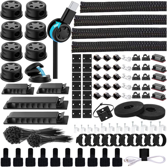 ELII 328Pcs Cable Management Kit, 8 Magnetic Cable Holder 69 Cable Clips | 4 Cable Sleeve Split,22Reusable Cable Strap,200 Nylon Cable Zip Ties ,25 Mounts TV Office,Nontoxic,Extra Strong Durable