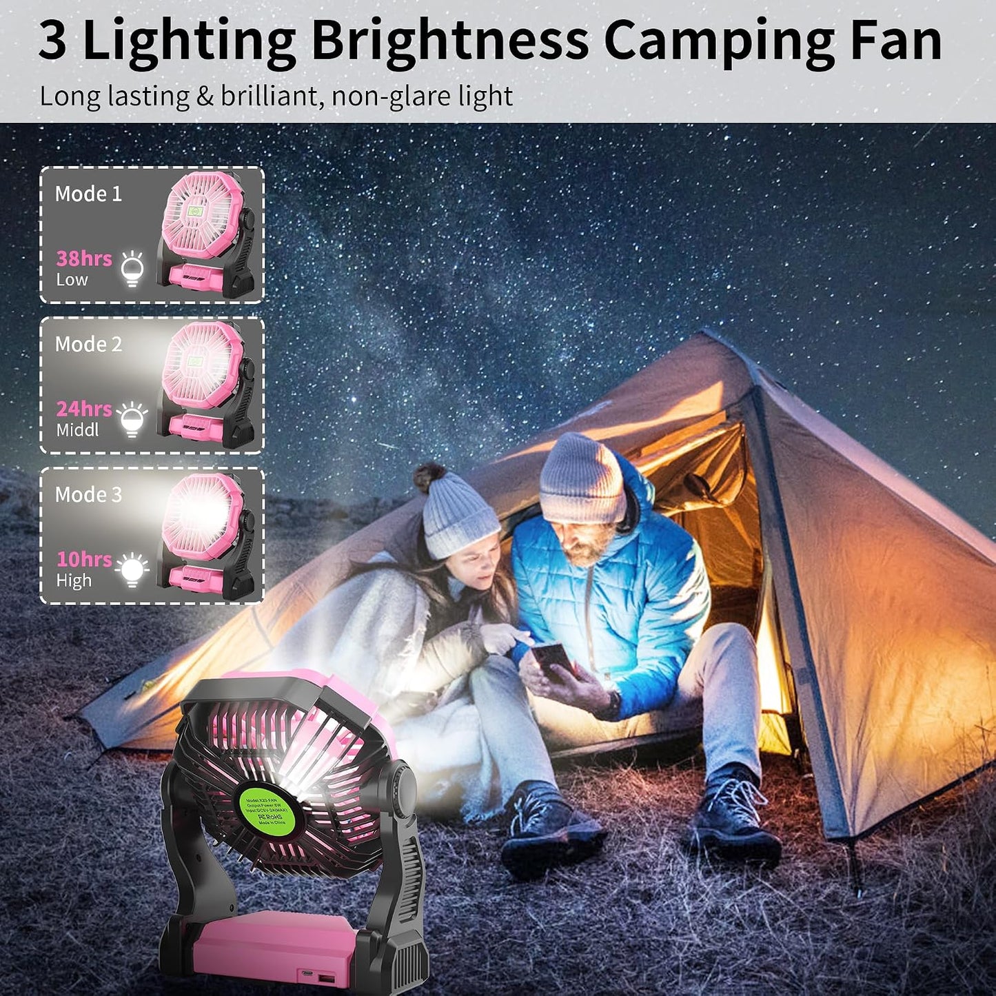 Portable Fan Rechargeable Camping Tent Fan Rechargeable Essentials | 20000mAh Cordless Battery Powered Operated Fan Camping Fan with Light, USB Rechargeable Desk Fan Portable for Travel X23 Pink