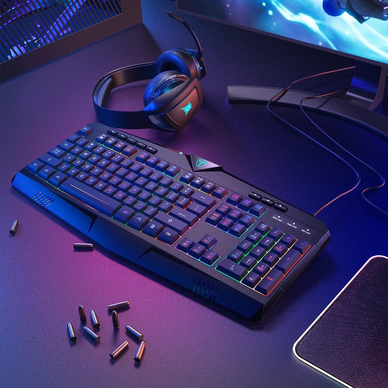 Gaming Keyboard, Full Size RGB Backlit Quiet Computer Keyboard, Wrist Rest, Silent Keys, Multimedia Keys, Anti-ghosting, Waterproof Light Up USB Wired Keyboard for PC Mac Xbox Gamer Office