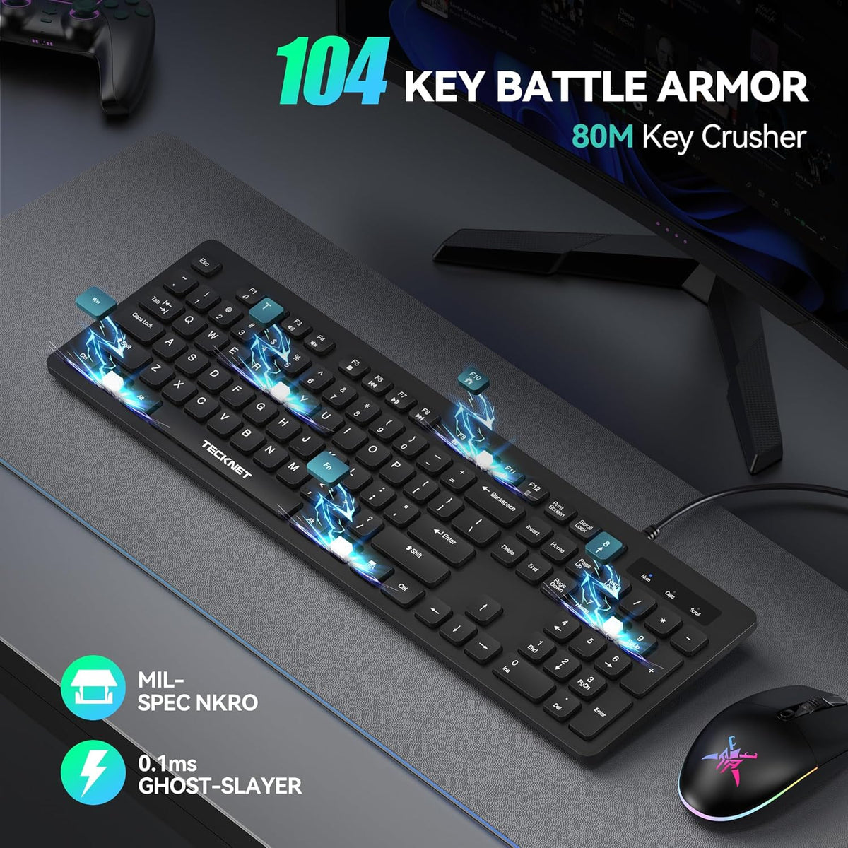 TECKNET Wired Keyboard, Silent Typing, Full-Size Layout, No Backlit | Spill-Resistant Design, USB-A Plug & Play, Slim Membrane Keys, Office Ready, PC, Laptop & Mac Compatible