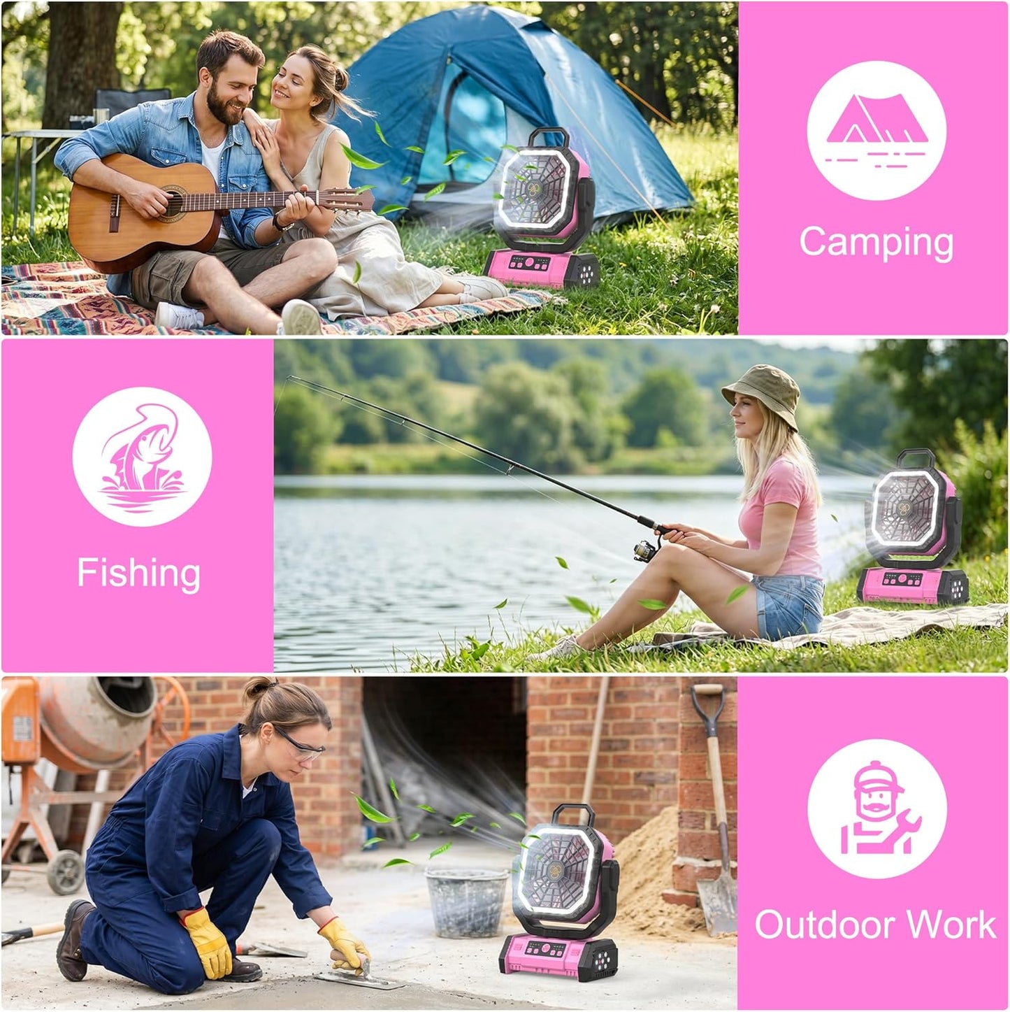 Honesorn 20000mAh Battery Operated Fan with LED Light & Remote, Pink | Up to 60H Runtime, 11-Inch, 45°/90°Oscillating, Hanging Hook, 4 Speeds, 8H Timer, USB-C Charging, for Tent, Travel, Outdoor