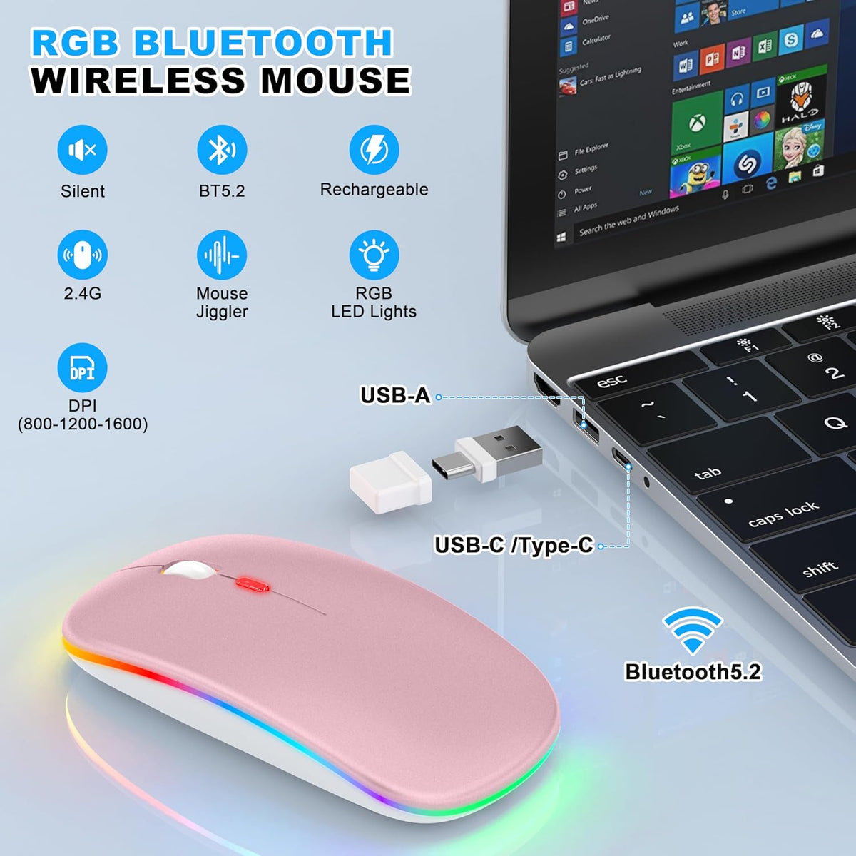 LED Bluetooth Wireless Mouse for MacBook Air Mac Pro Laptop iPad–Rose Gold | Rechargeable Silent Light-Up Optical Mouse with Jiggler Dual Mode BT5.2 & USB-A/USB-C for Students Kids Girls Boys