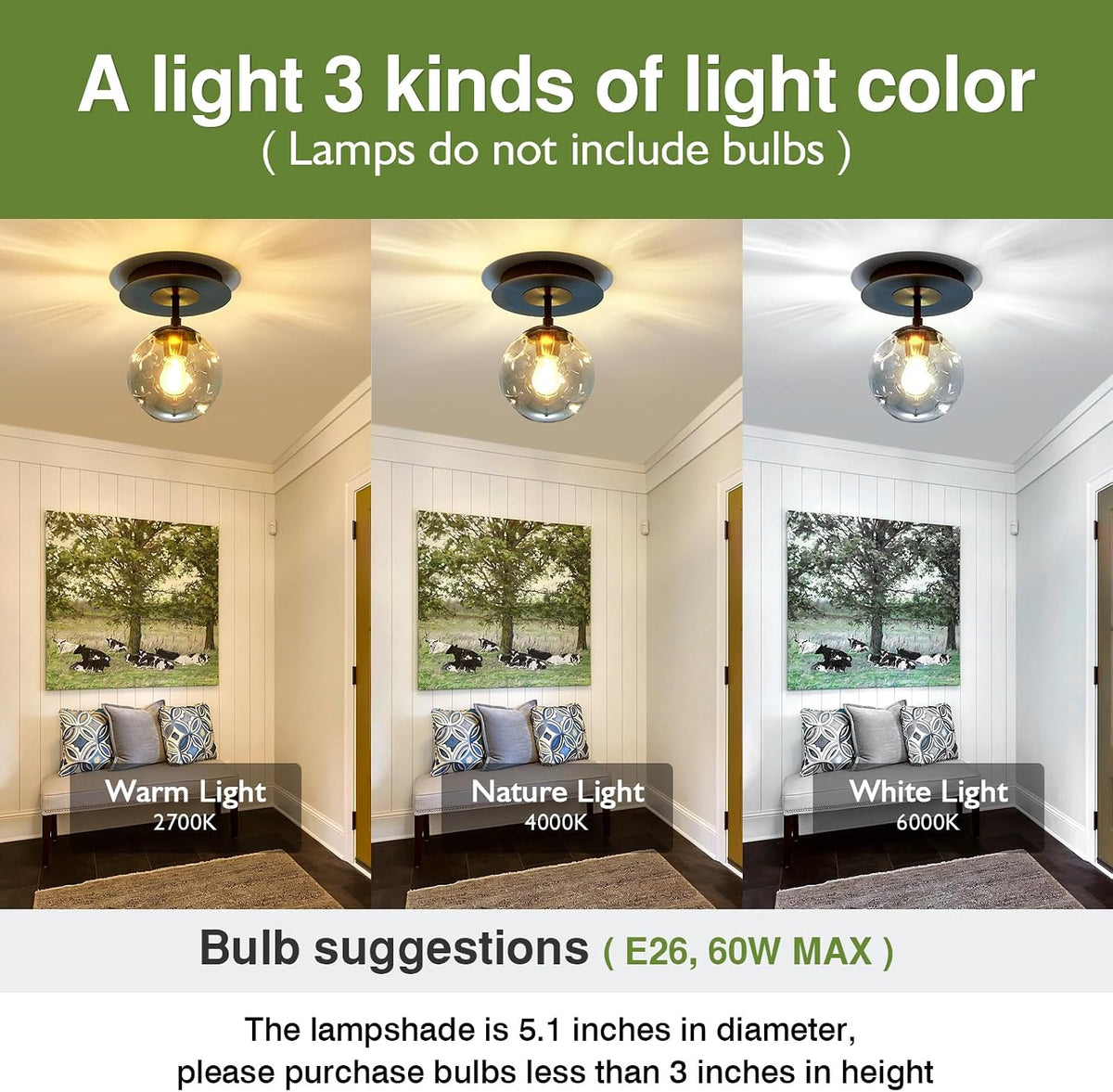 1-Light Mini Glass Globe Ceiling Light,Modern Semi Flush Mount Light Fixture,Black Ceiling Light for Hallway Aisle Porch Stairway Closet.