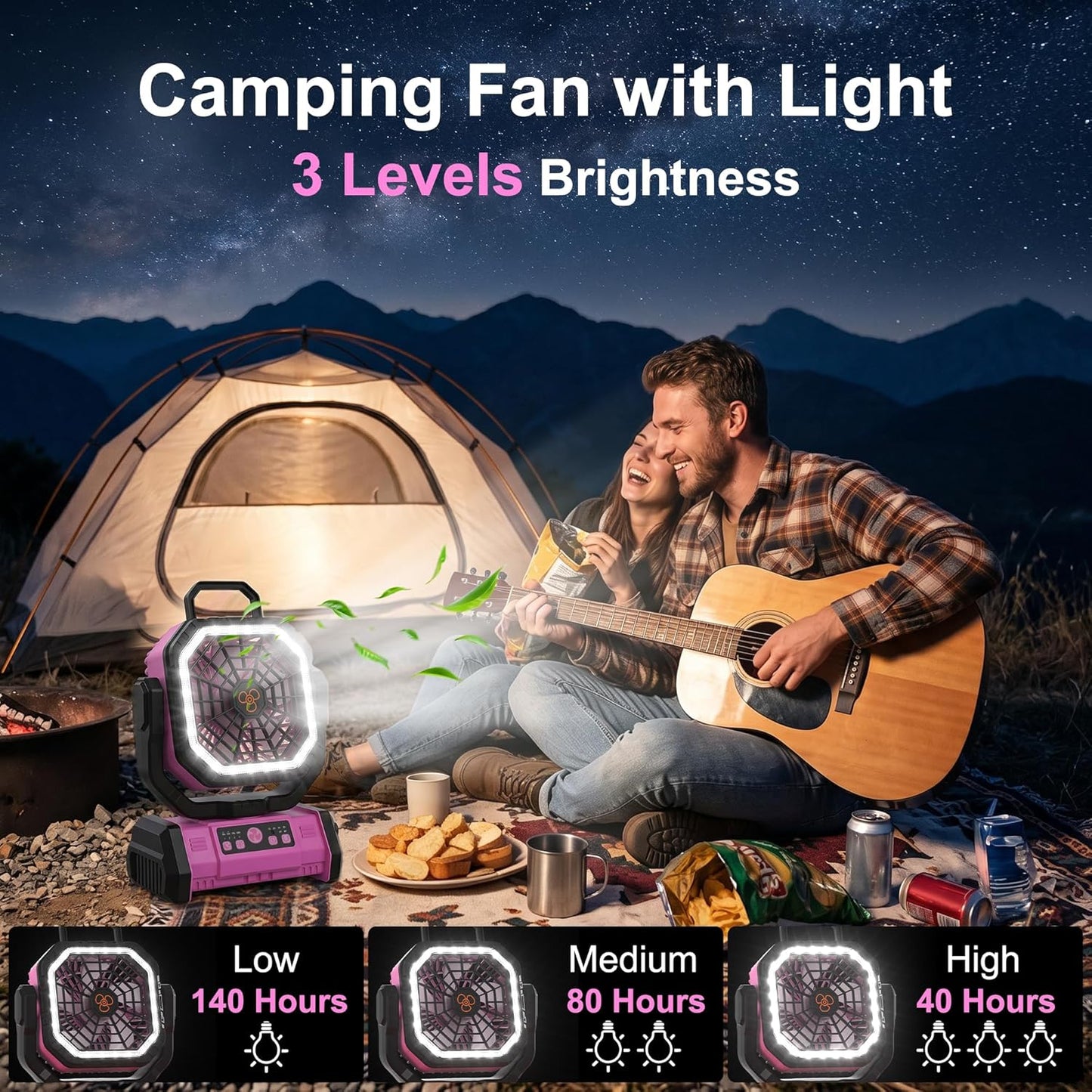 Honesorn 20000mAh Battery Operated Fan with LED Light & Remote, Pink | Up to 60H Runtime, 11-Inch, 45°/90°Oscillating, Hanging Hook, 4 Speeds, 8H Timer, USB-C Charging, for Tent, Travel, Outdoor
