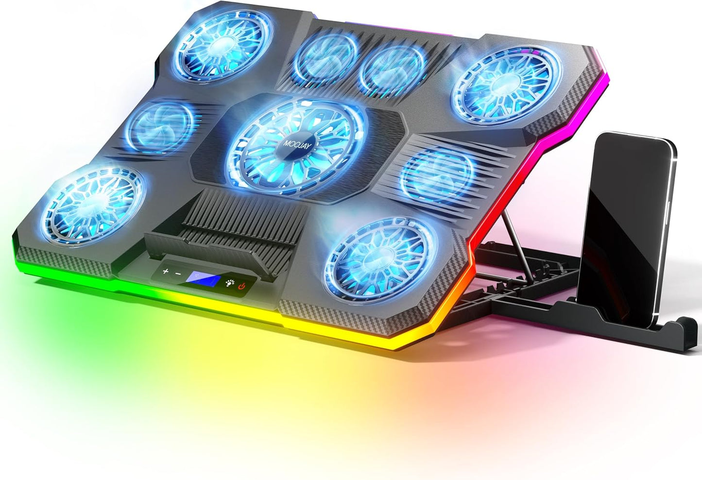 Laptop Cooling Pad, MOOJAY Laptop Cooler with 9 Quiet Fans for 14-19 Inch Notebook Computer, Gaming Laptop Fan Cooling Stand with 6 Adjustable Speeds and 10 RGB Light Modes, 2 USB Ports & Phone Holder