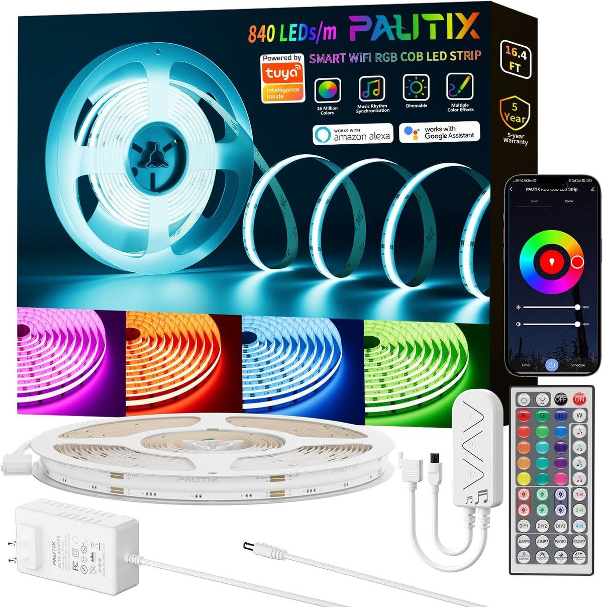 PAUTIX RGB COB LED Strip Light 16.4ft/5m,UL Listed 840LEDs/m 24V Color Changing LED Strip Lights,Compatible with Alexa/Google Assistant/Tuya Multicolor Flexible Tape Light for TV,Bedroom,Party