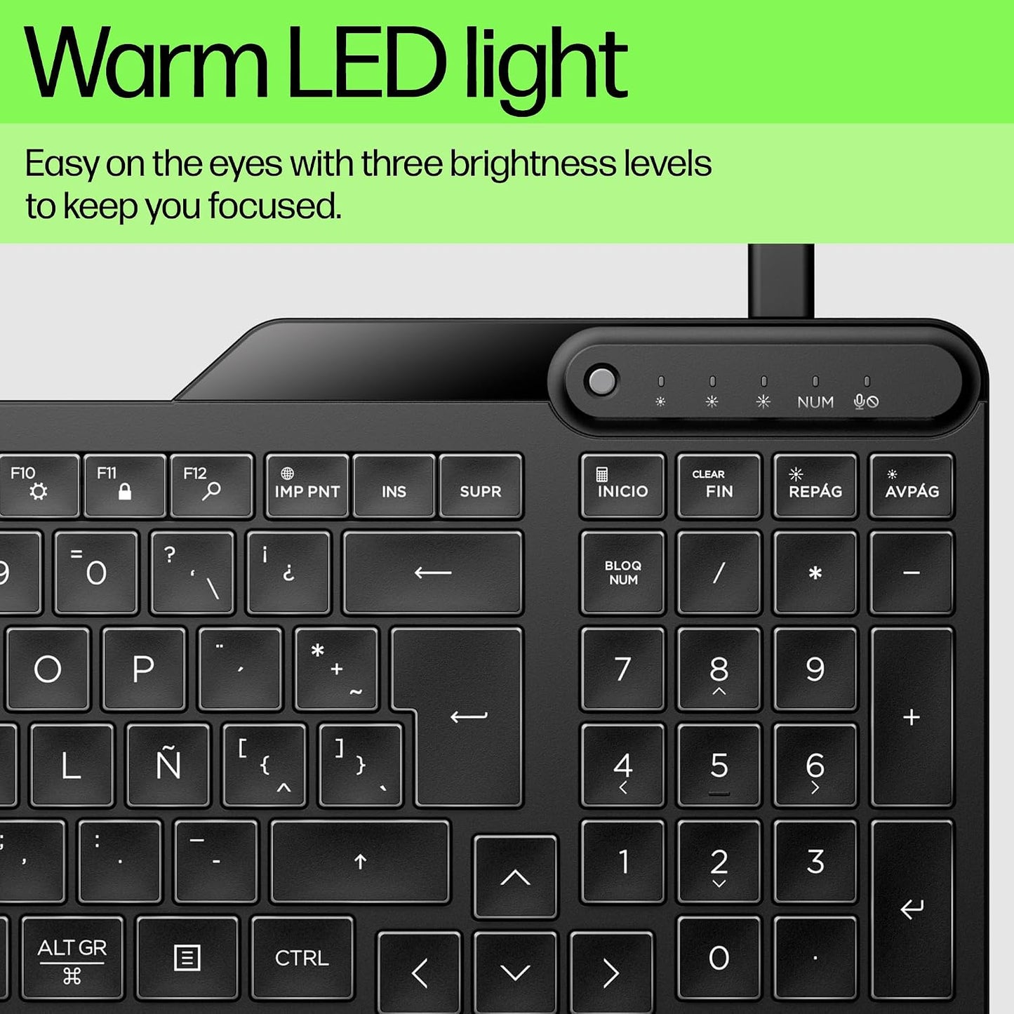 HP 400 Backlit Wired Keyboard (Ash Wired) - Warm White LED Illuminated Keys w/ 3 Brightness Levels - Slim & Portable Design - 12 Programmable Keys - Spill-Resistant, Sanitizable