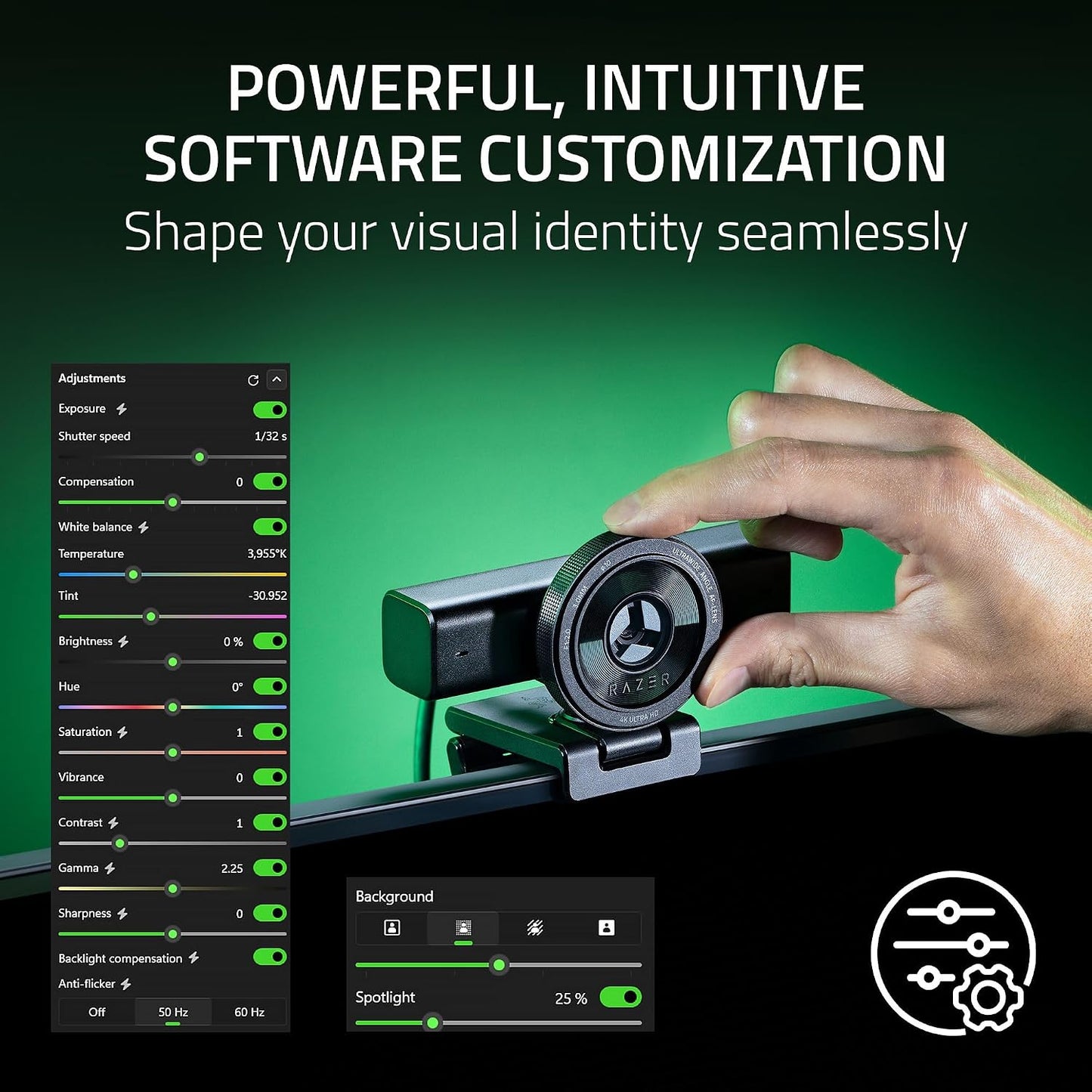 Razer Kiyo V2 Webcam for Streaming and Collaboration 4K 30Fps, Black | AI Powered Auto-Framing, Built-in Microphone, Ultrawide Angle Lens, Privacy Cover, Works with OBS, Discord, Zoom, Teams