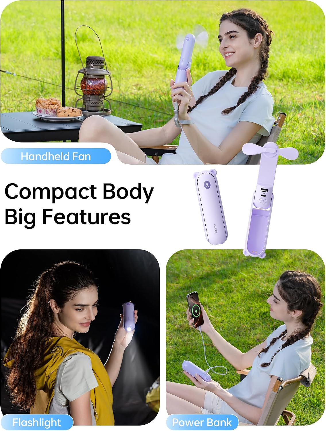 JISULIFE Handheld Fan 8 Plus: 40H Cooling & 4500mAh PowerBank & Flashlight | USB Rechargeable, Portable Pocket Size for Travel, Makeup, Concerts, Summer Gifts for Women(Purple)