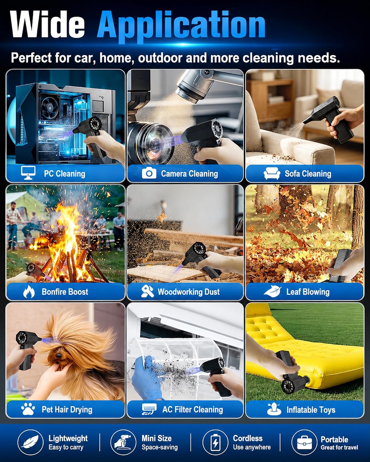 Compressed Air Duster, 180000RPM Electric Turbo Fan | Rechargeable Cordless Air Blower with 3 Speeds, Brushless Motor, Keyboard, Gaming PC & Electronics Cleaner