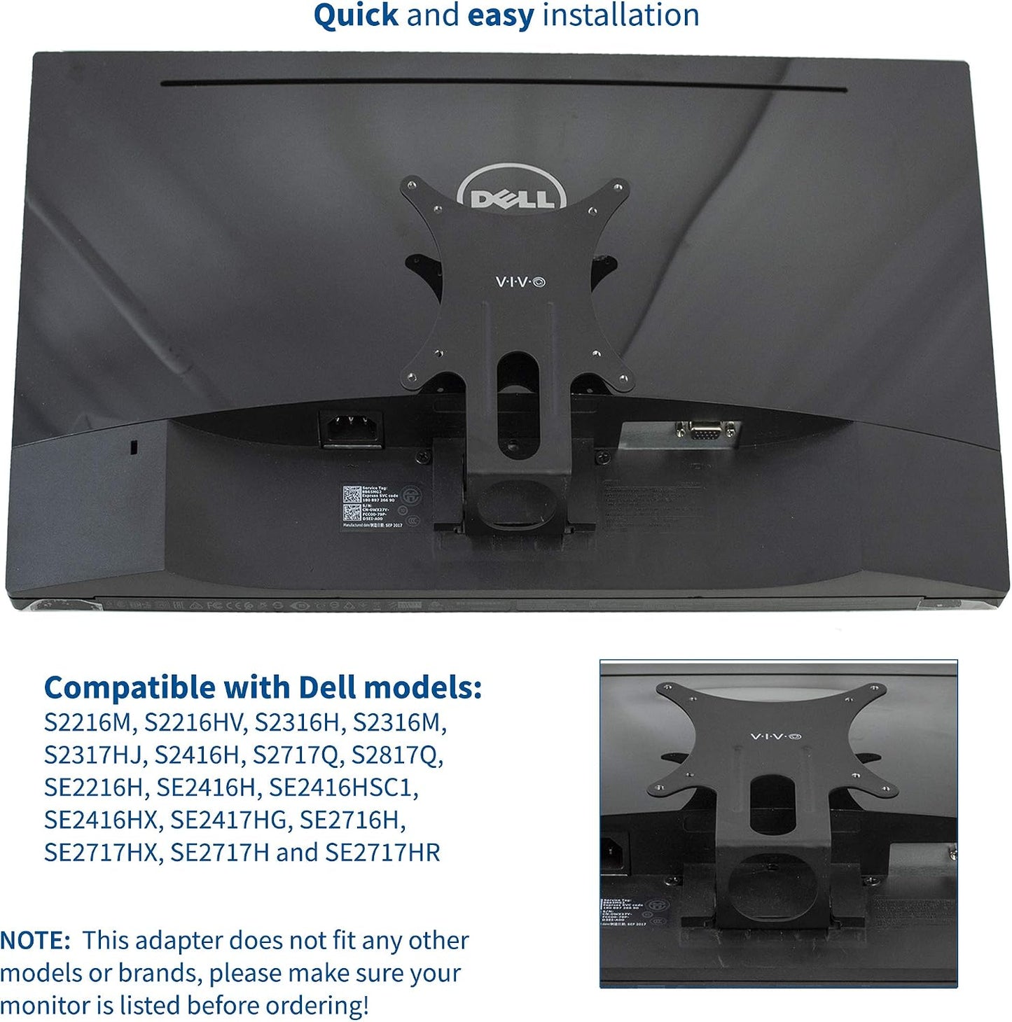 VIVO Quick Attach VESA Adapter Plate Mounting Bracket Designed for Dell Monitors, SE2416HX SE2717HX SE2717H S2216M SE2716H SE2216H S2817Q SE2417HG S2316H S2316M SE2416H and More, Black, Mount-DLSSE2