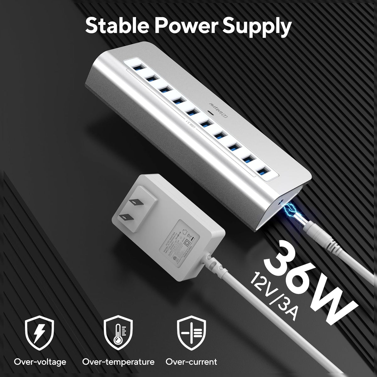 Powered USB Hub 10Gbps, intpw USB Port Hub with 10 Port USB 3.1 Data, 36W Power Adapter, 3.3FT USB-A & USB-C Cables, Aluminum USB Hub for PC, Laptop, Mac, Desktop