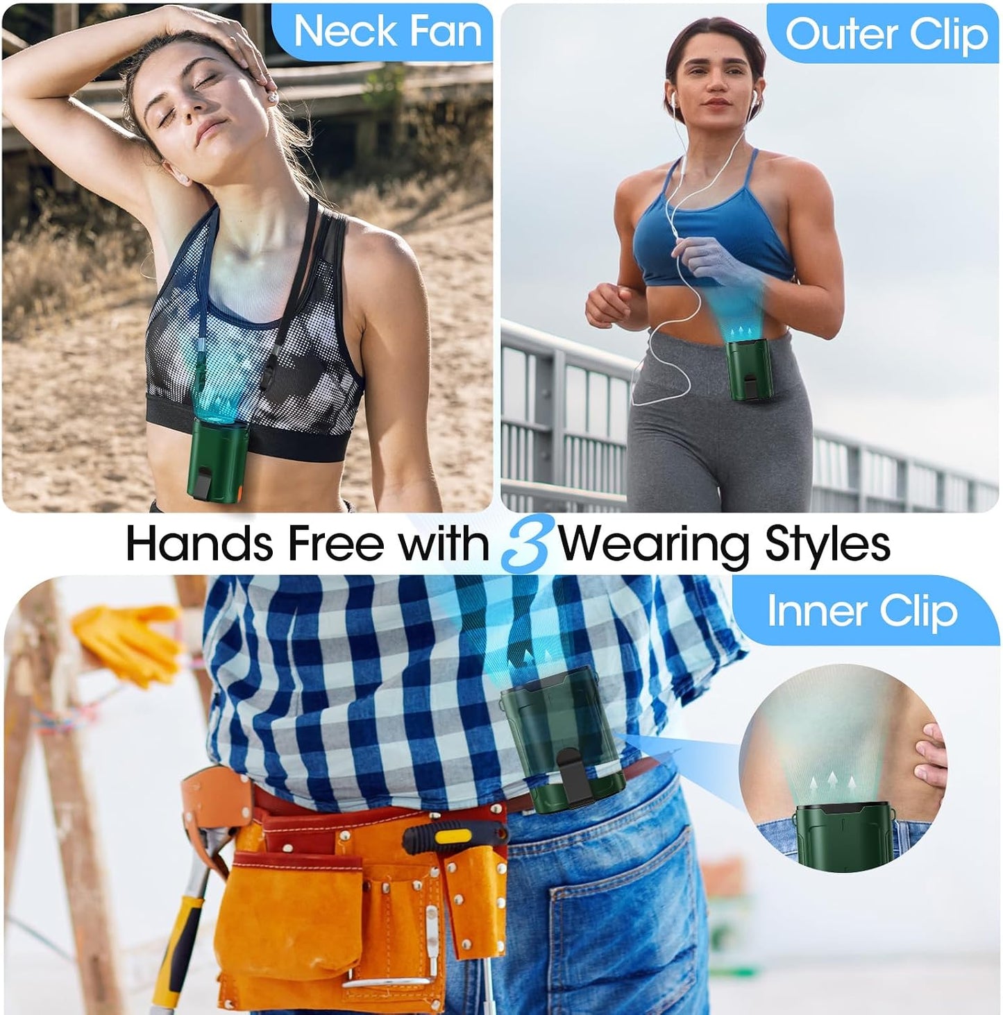 Heelkl 2026 AI Portable Fan Rechargeable, 4 Speeds Strong Airflow, Personal Waist Fan with up to 25H of Working Time, Hanging Neck Fan, Wearable Belt Fan for Camping, Outdoor, Jobsite - Green