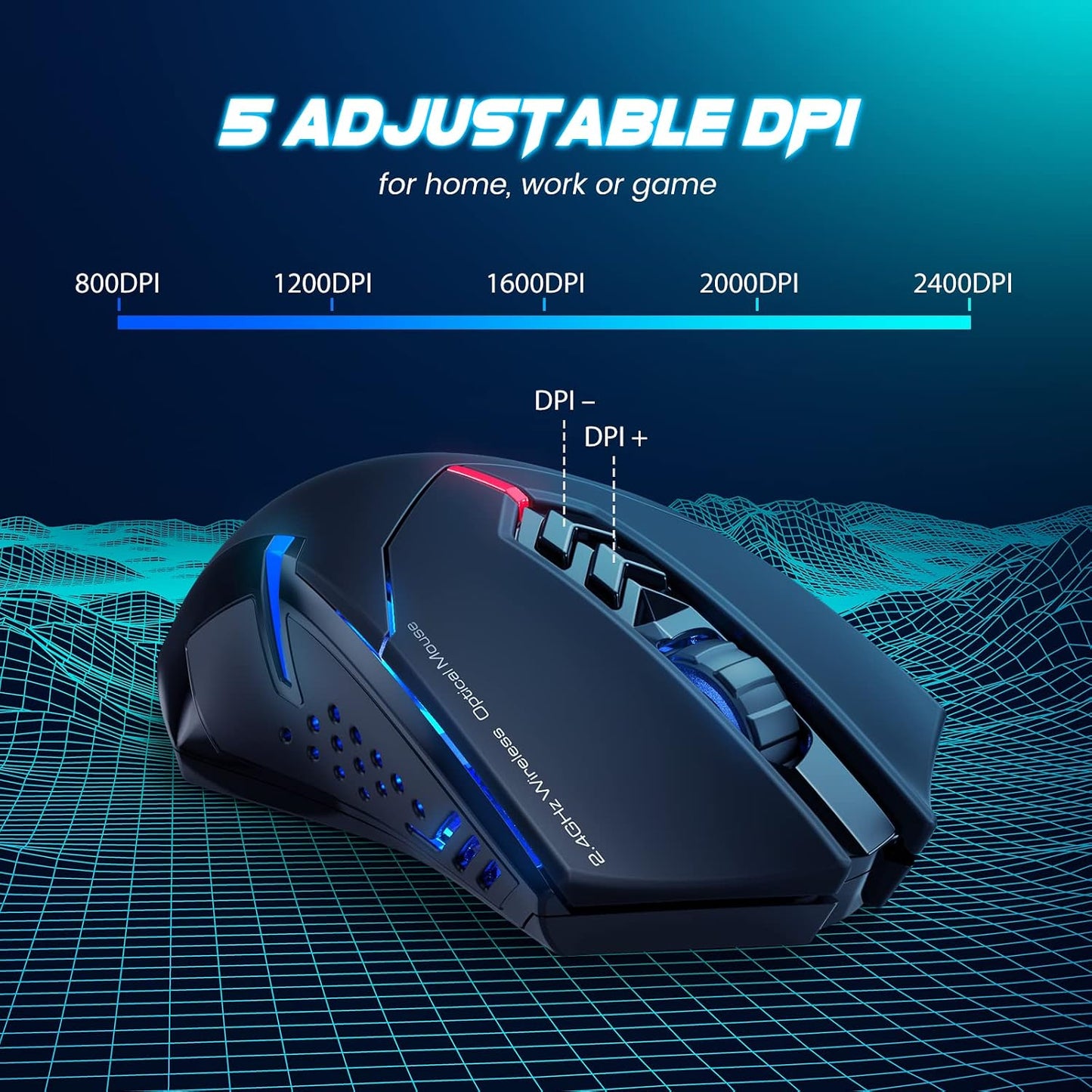 T-DAGGER Wireless Gaming Mouse- USB Cordless PC Accessories Computer Mice with LED Backlit, Ergonomic Gamer Laptop Mouse with 7 Silent Buttons, 5 Adjustable DPI Plug & Play for PC