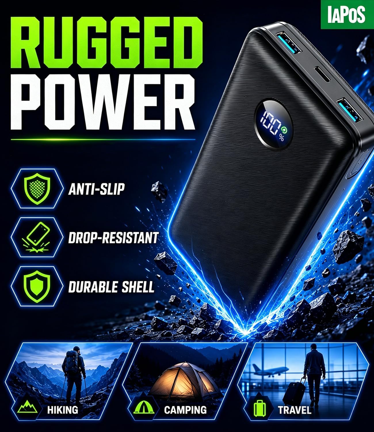 IAPOS Portable Charger 60000mAh, 5-Device Charging Power Bank Battery Pack | 22.5W PD Fast Charge, 3-in-1 Cable(USB-C/iOS/Micro-USB), High-Capacity, LED Display, for iPhone/iPad/Android, Camping/Outdoor