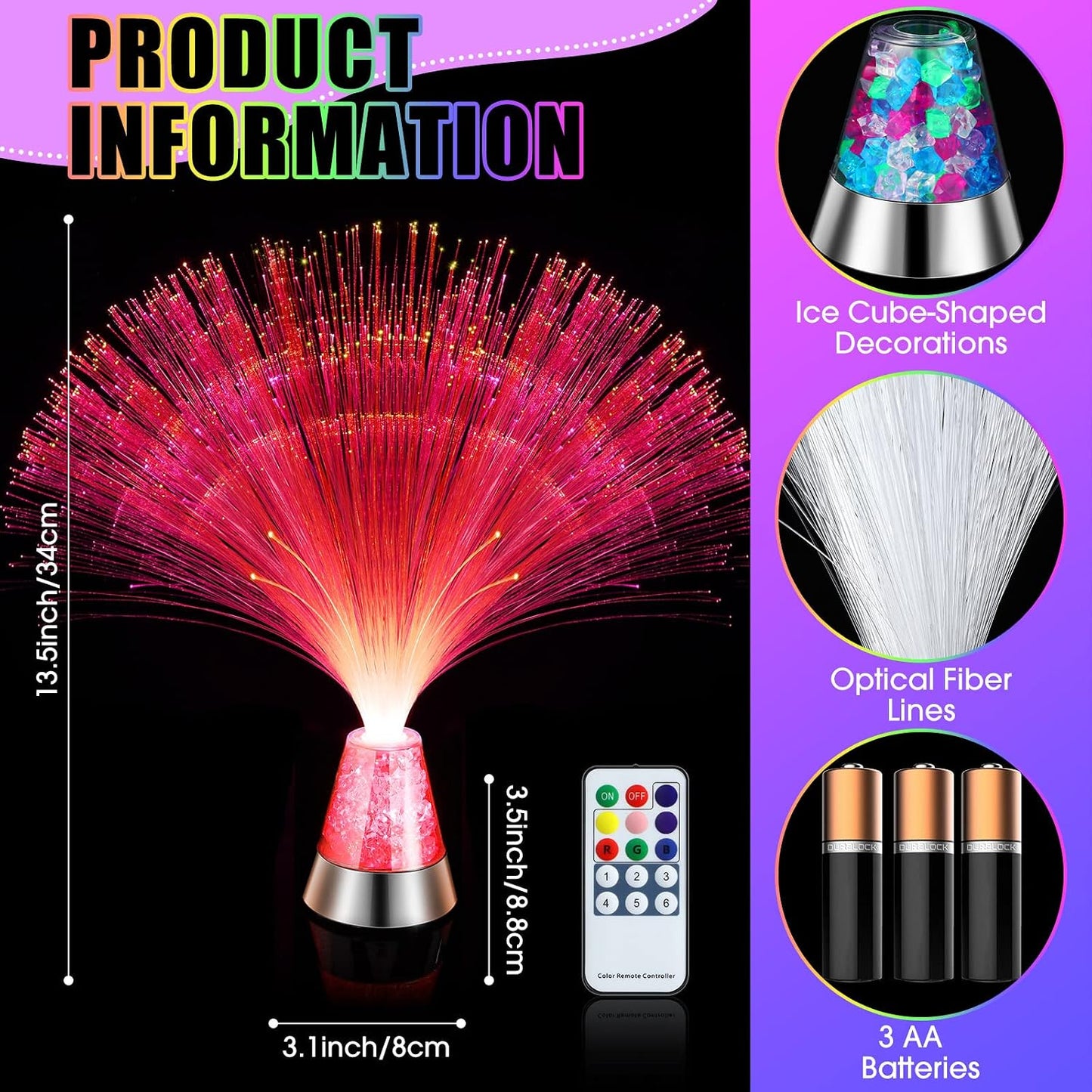 2 Pack LED Fiber Optic Lamp with Remote Control, 13.5" Multicolored Changing Fiber Optic Lights, Crystal Base Battery Powered Glitter Light for Room Wedding Disco Party Birthday Carnival Holiday