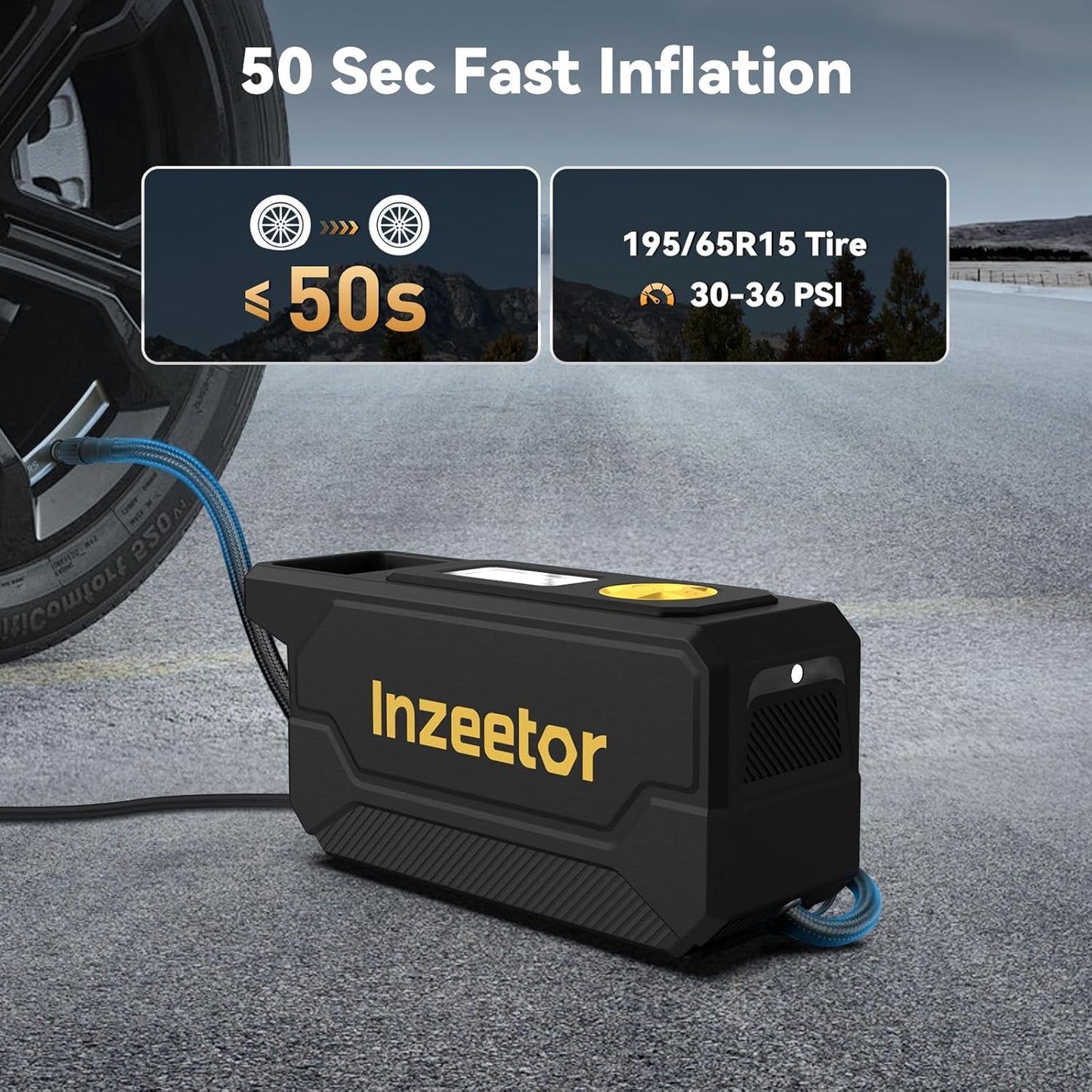 150 PSI Tire Inflator Portable Air Compressor with Digital Pressure, Black | 12V DC Auto Shutoff Air Pump Emergency LED Light for Car Tires, Bicycle & Balloons