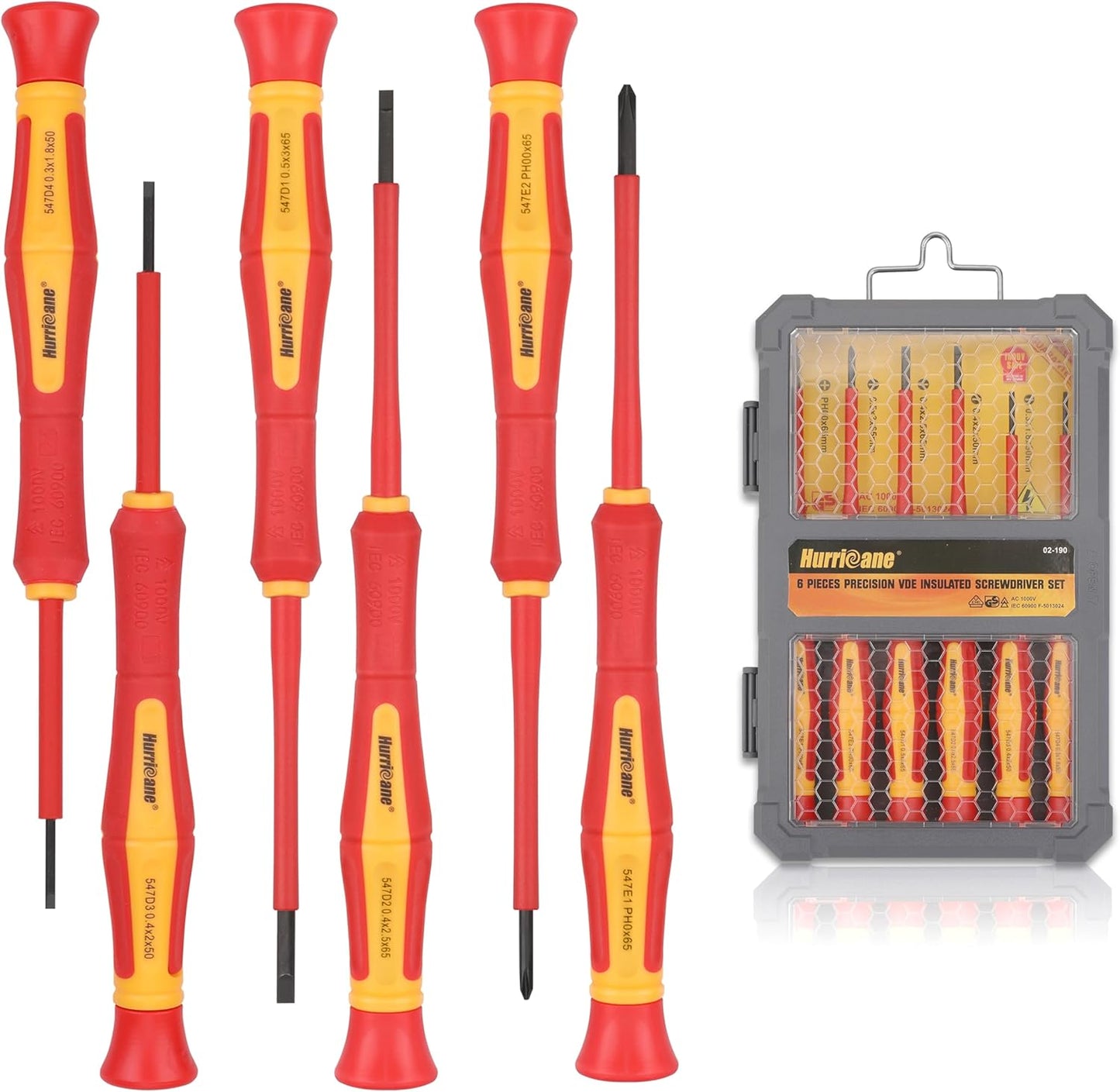 HURRICANE Premium 1000V Precision Insulated Screwdriver Set, 6 Piece S2 Steel Mini Electrician Screwdrivers with SL1.8/2.0/2.5/3.0mm & PH00/PH0, VDE Certified for DIY & Professional Electrical Repair